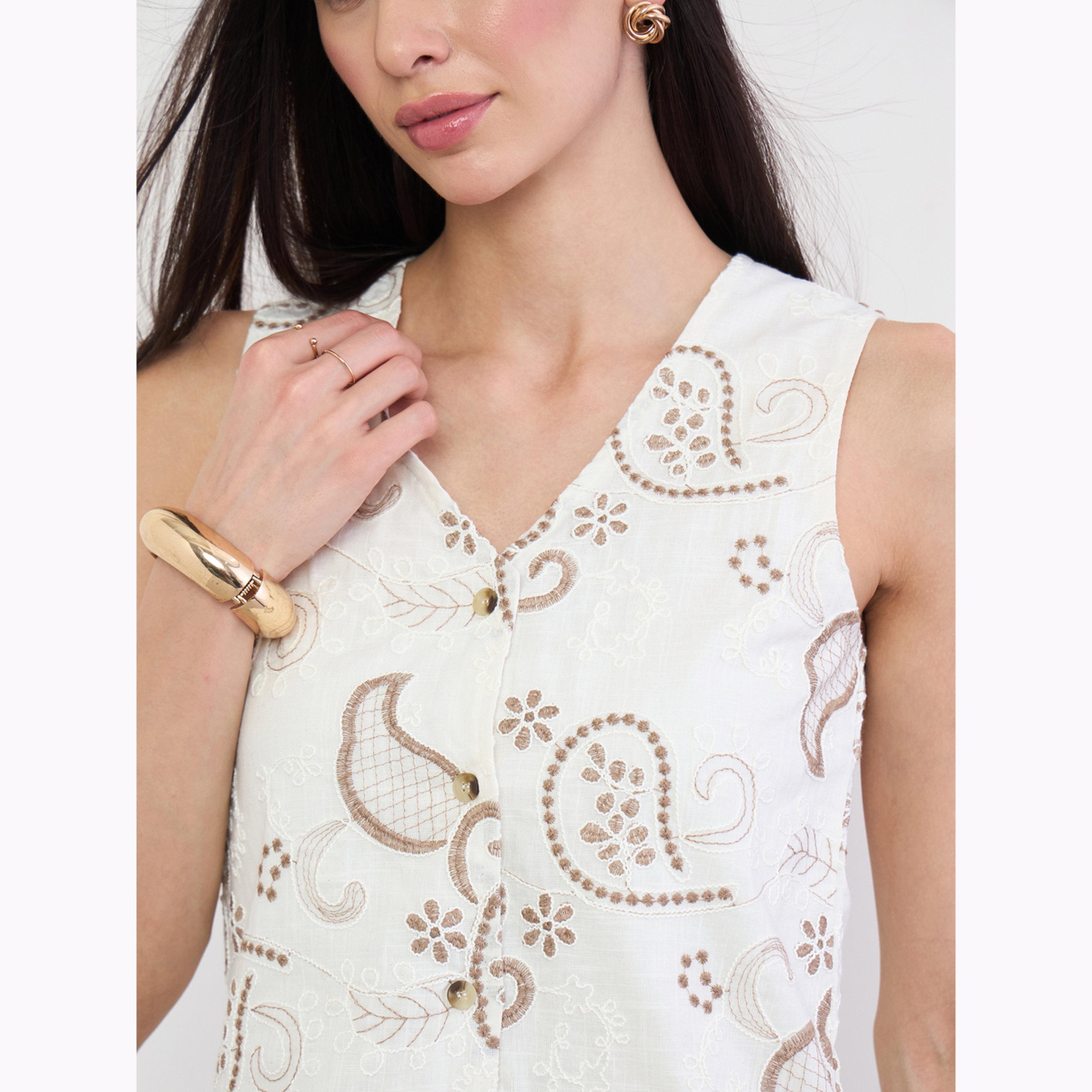 Styli Off White Embroidered Cotton Waistcoat-women-clothing-shirtsandblouses-blouses-image-4