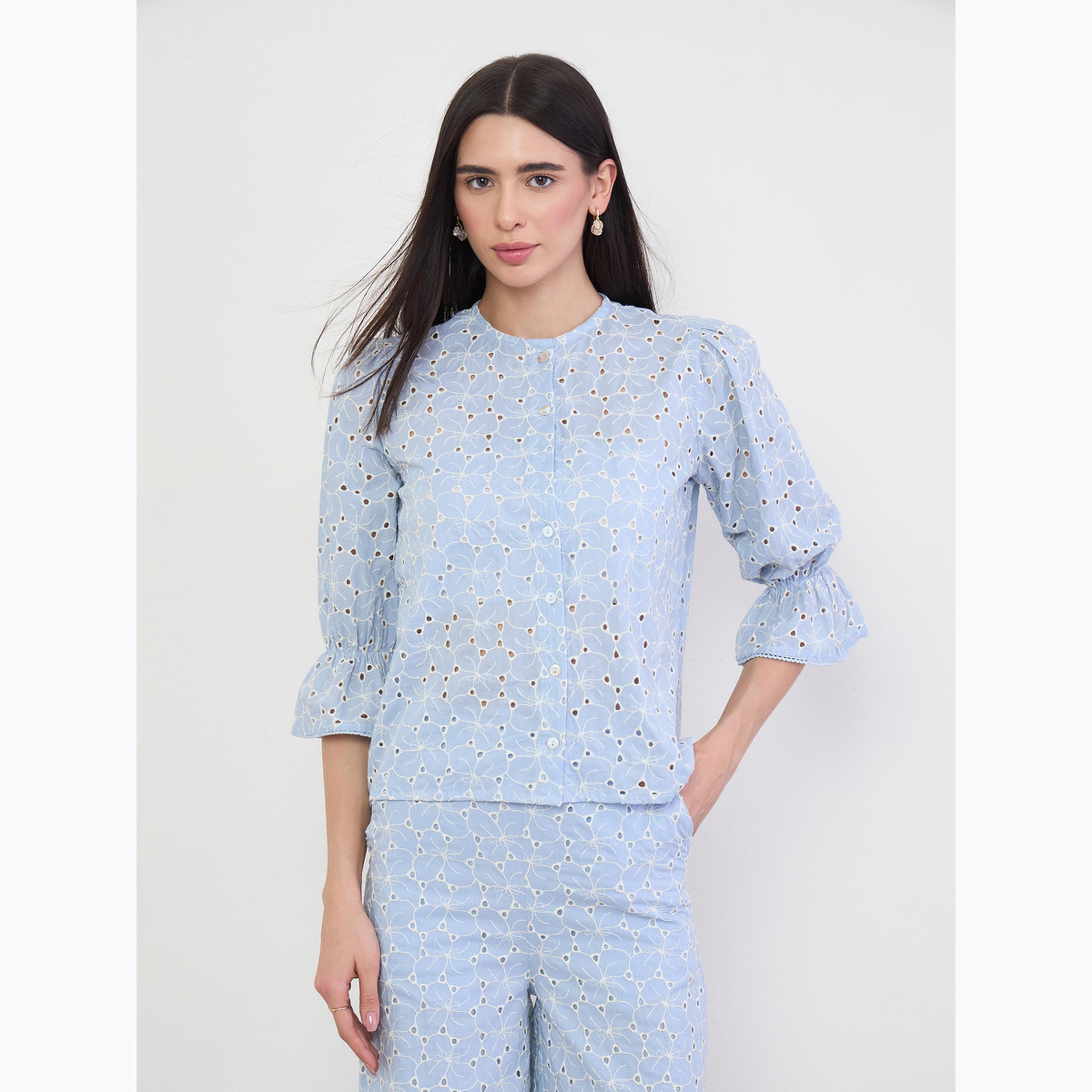 بلوزة بتفاصيل شيفلي وأزرار أمامية وأكمام 3/4-women-clothing-shirtsandblouses-blouses-image-1