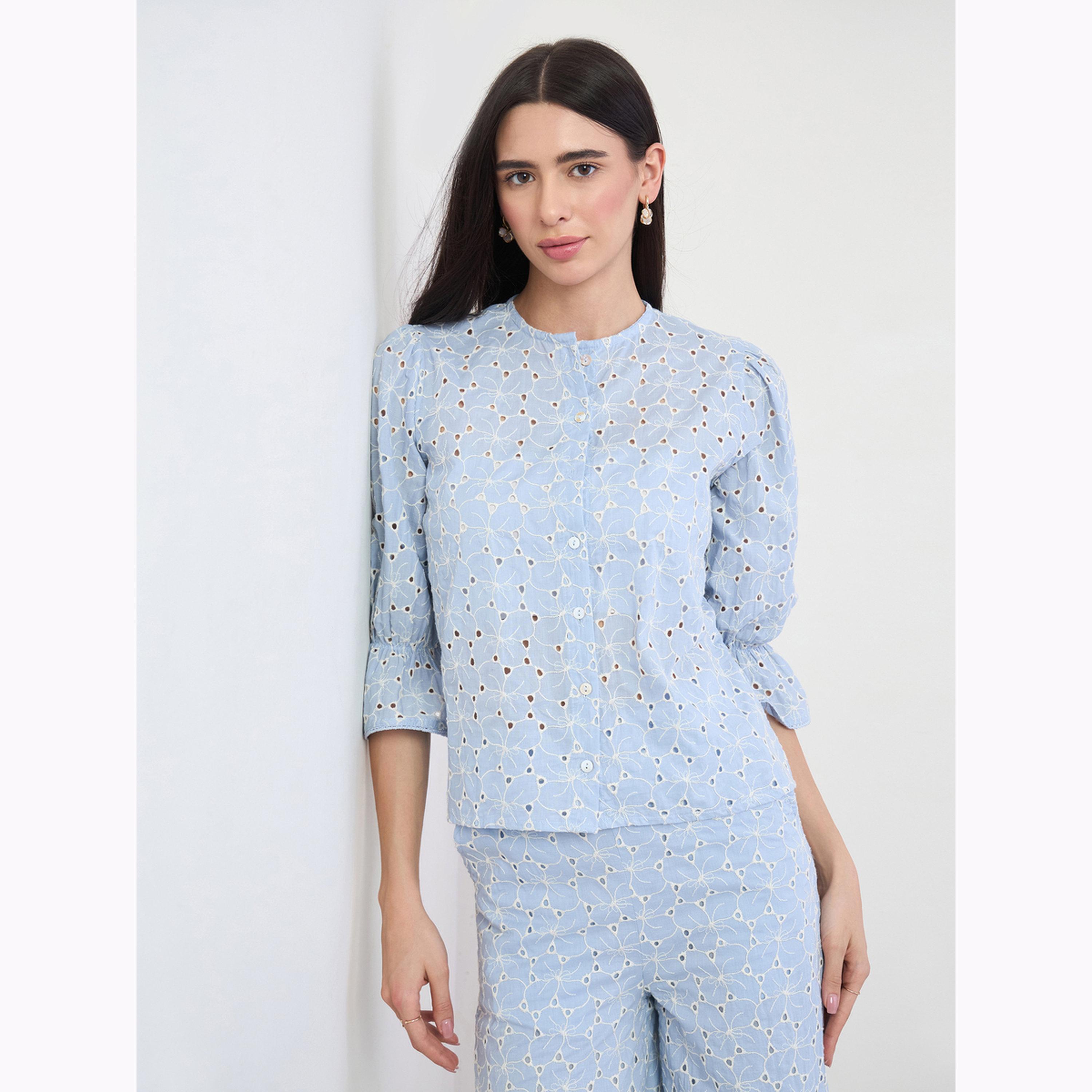 Styli Blue Schiffli Embroidered Button Front Top-women-clothing-shirtsandblouses-blouses-image-3