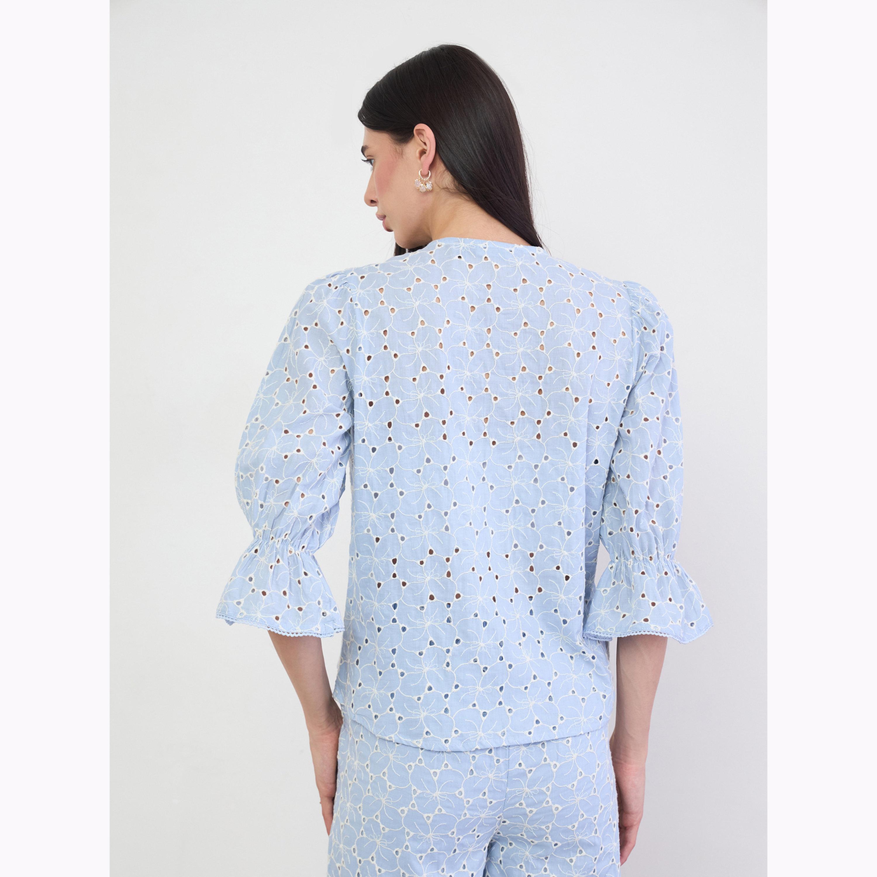 Styli Blue Schiffli Embroidered Button Front Top-women-clothing-shirtsandblouses-blouses-image-4