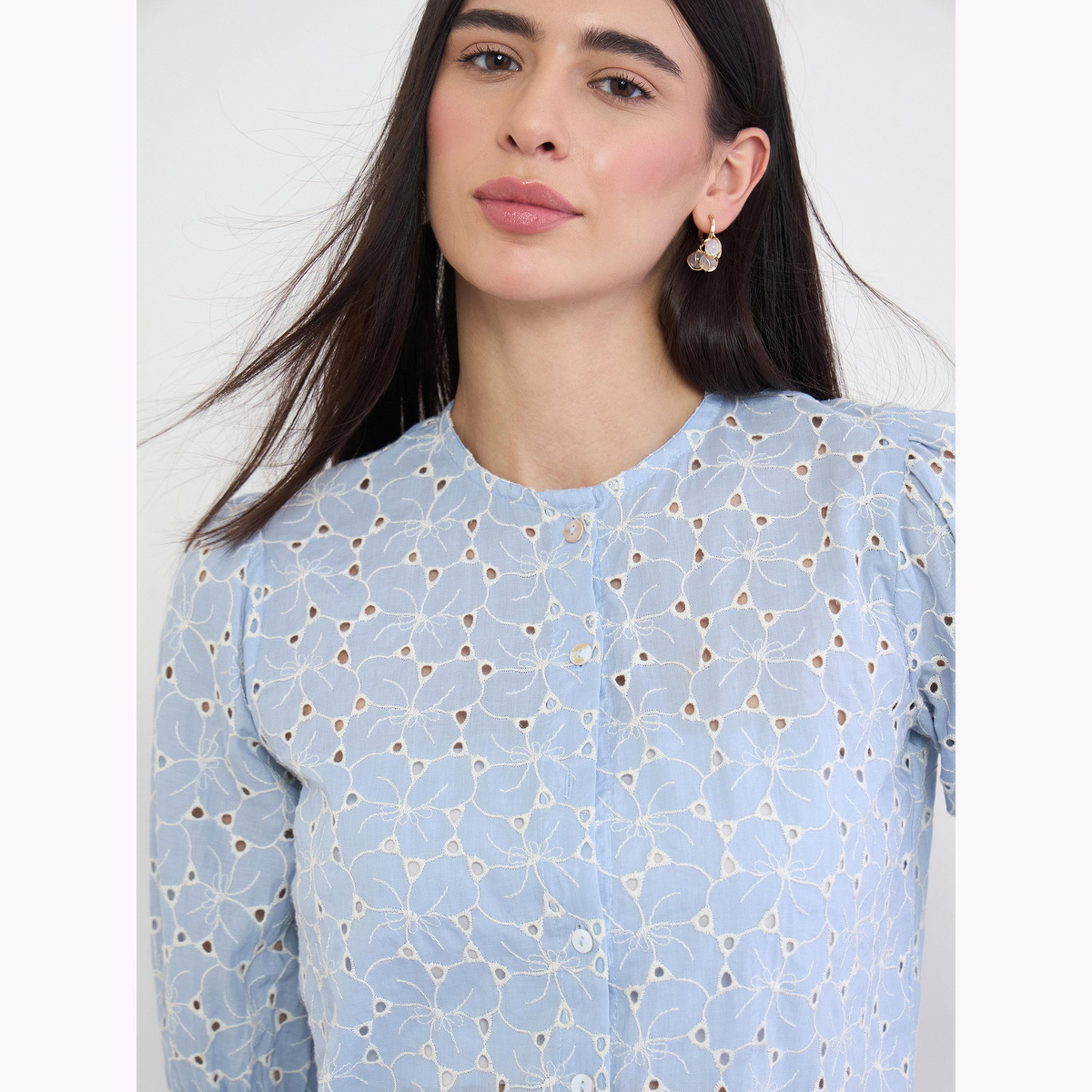 Styli Blue Schiffli Embroidered Button Front Top-women-clothing-shirtsandblouses-blouses-image-5