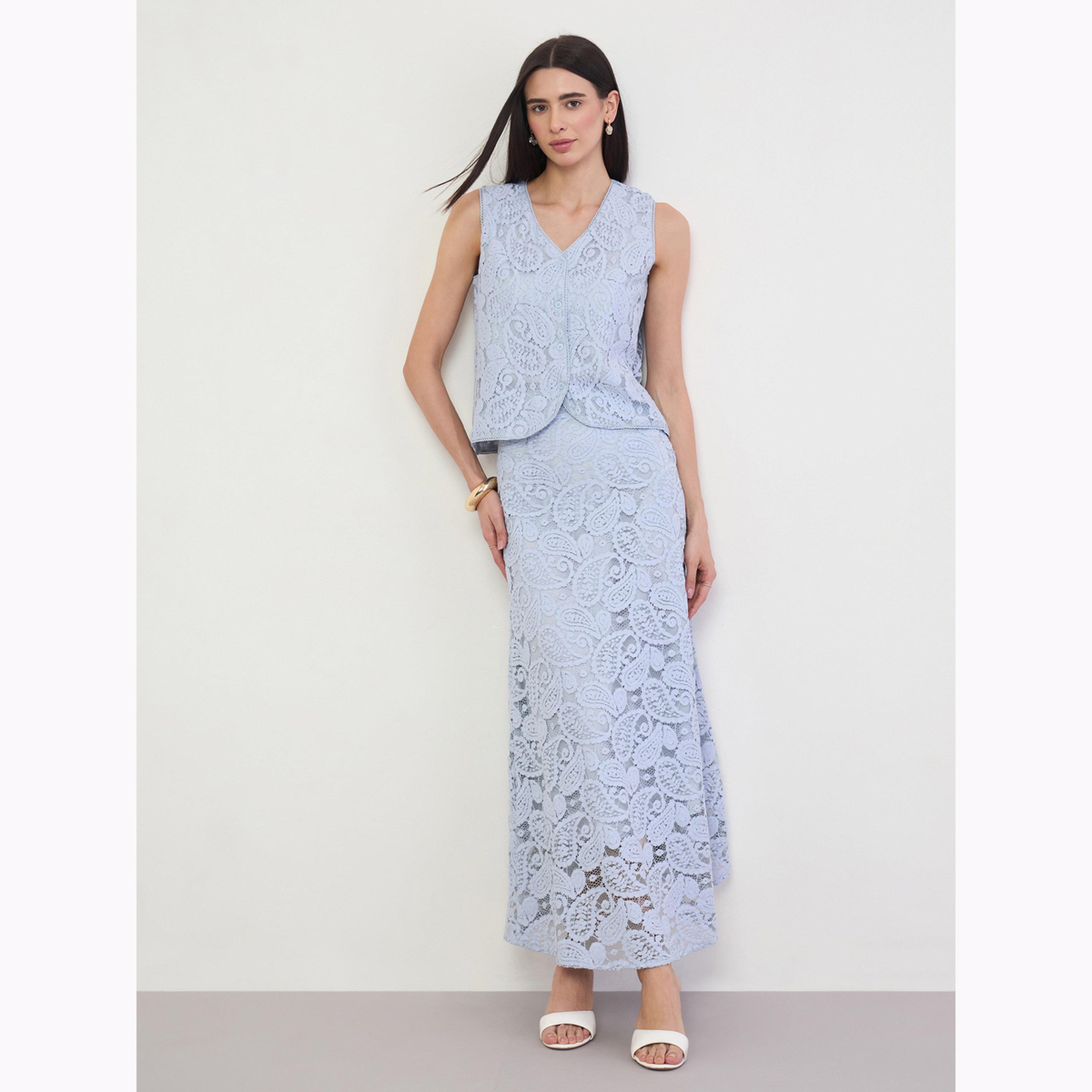 Styli Blue Paisley Lace V Neck Waistcoat-women-clothing-shirtsandblouses-blouses-image-2