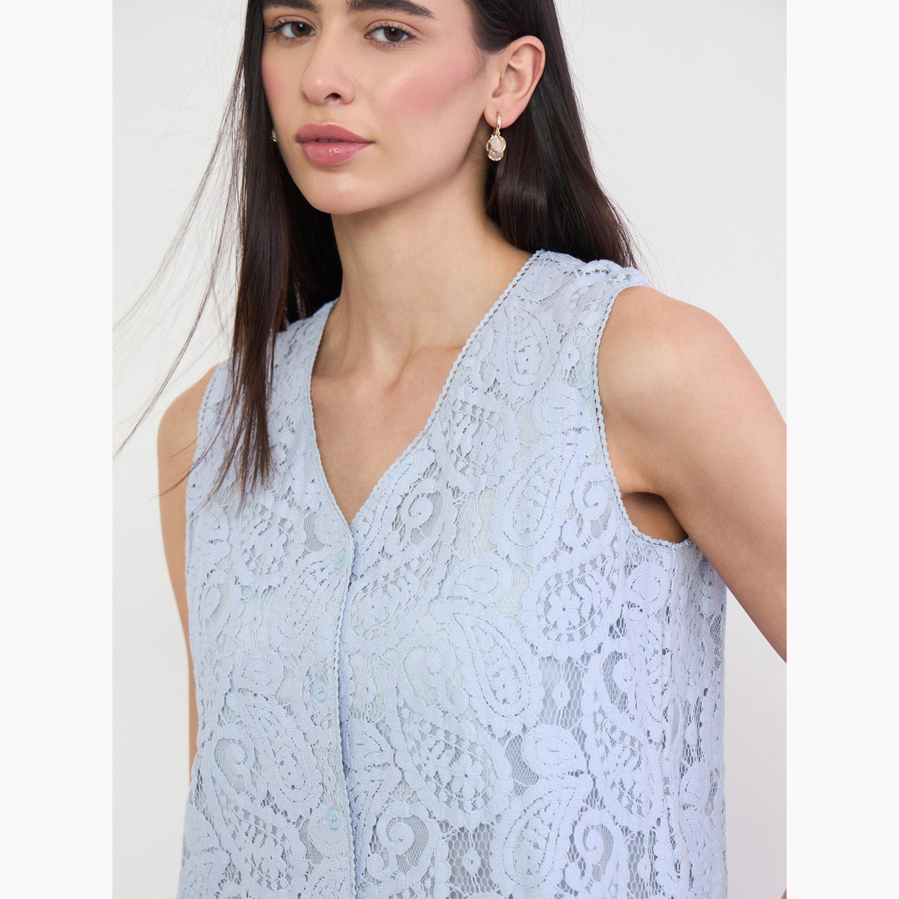 Styli Blue Paisley Lace V Neck Waistcoat-women-clothing-shirtsandblouses-blouses-image-5