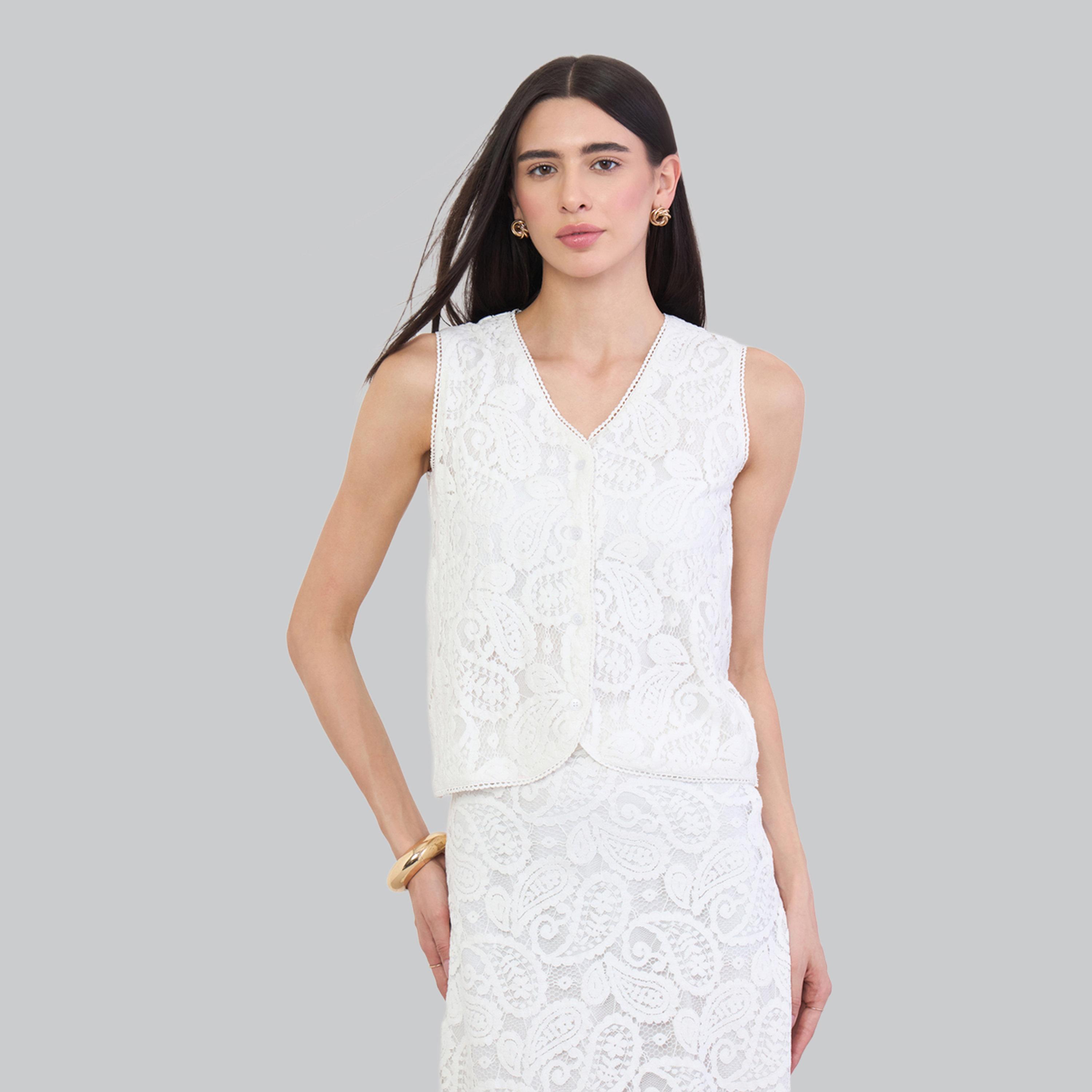 Styli Off White Paisley Lace V Neck Waistcoat-women-clothing-shirtsandblouses-blouses-image-1