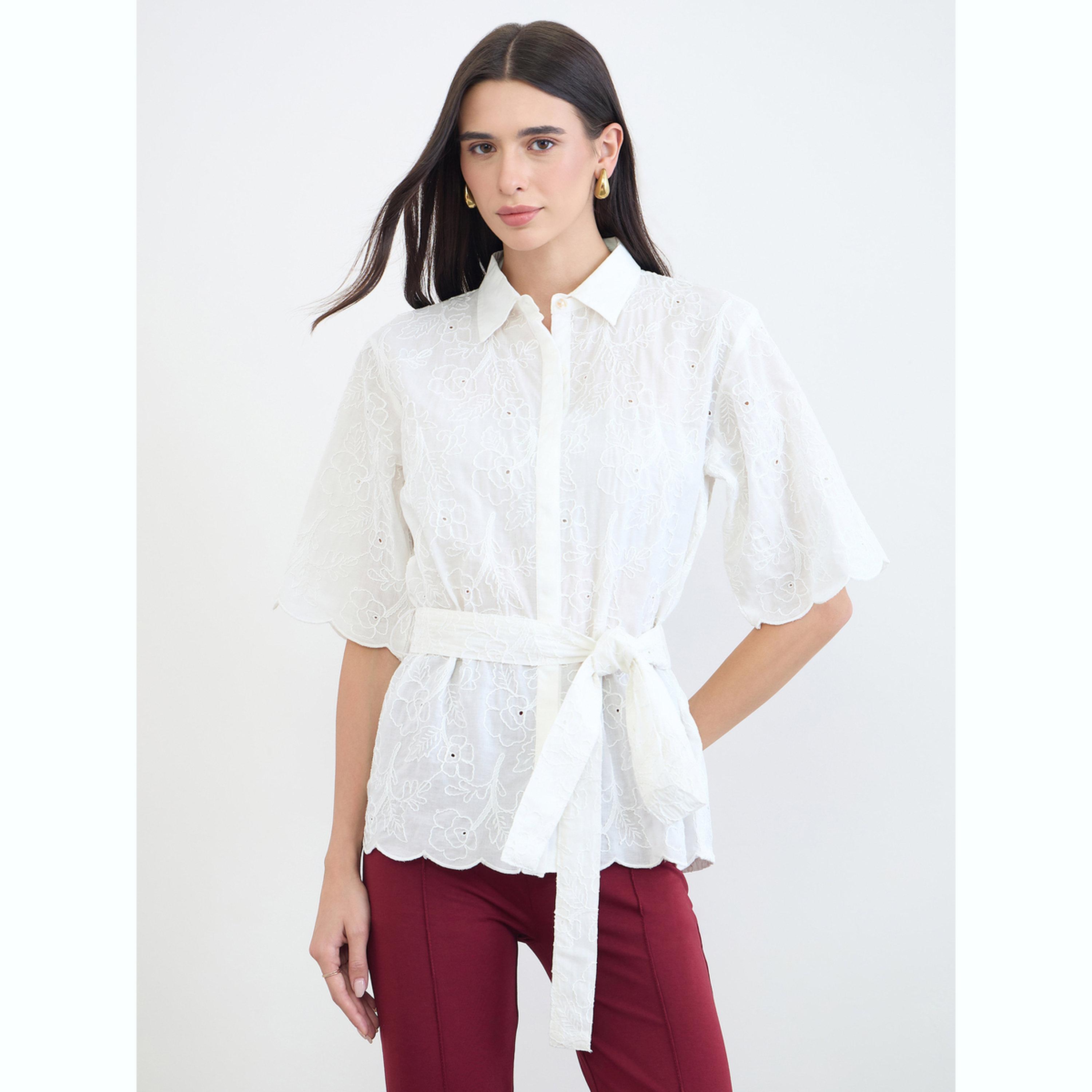 Styli Off White Schiffli Cotton Shirt with Belt-women-clothing-shirtsandblouses-shirts-image-1