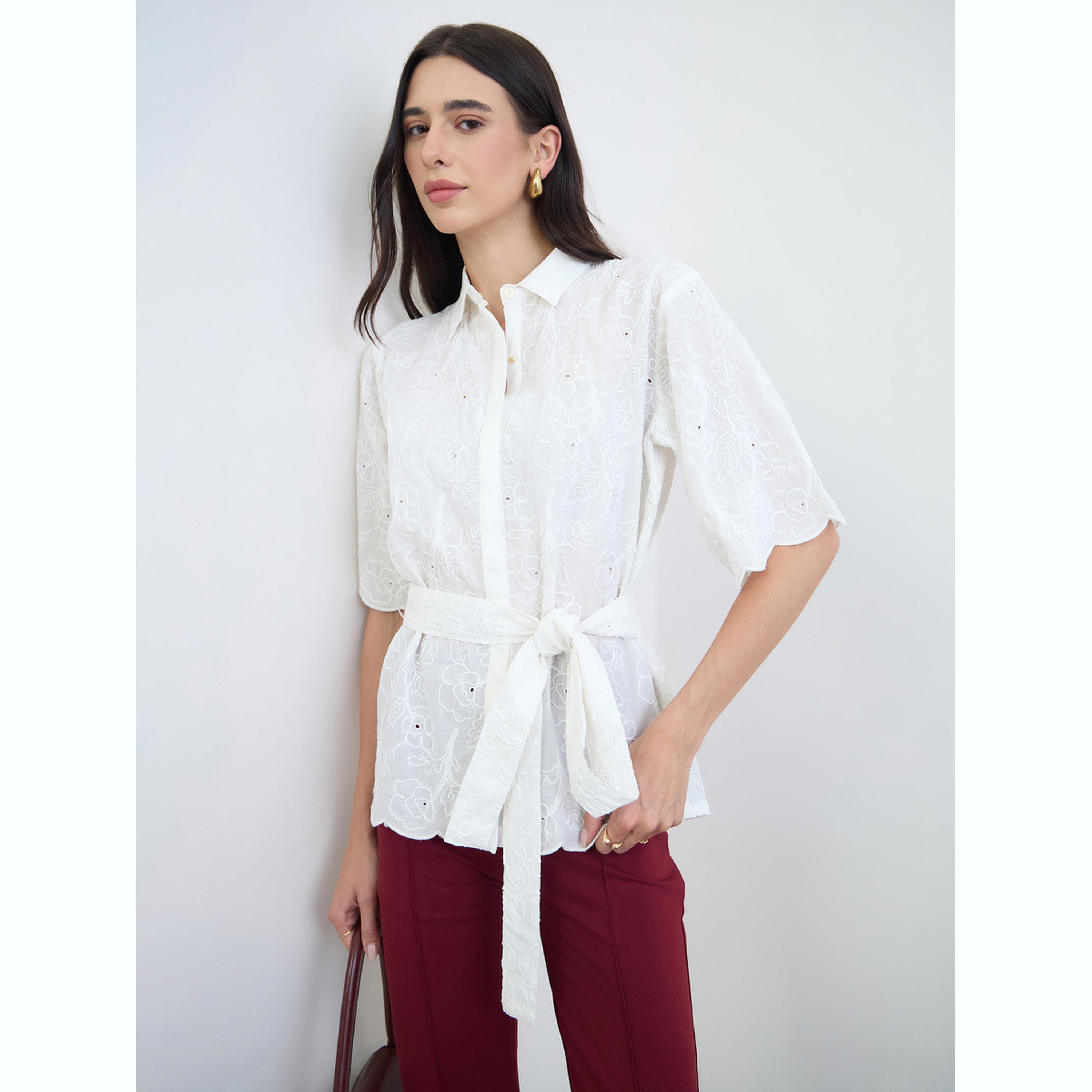 Styli Off White Schiffli Cotton Shirt with Belt-women-clothing-shirtsandblouses-shirts-image-3