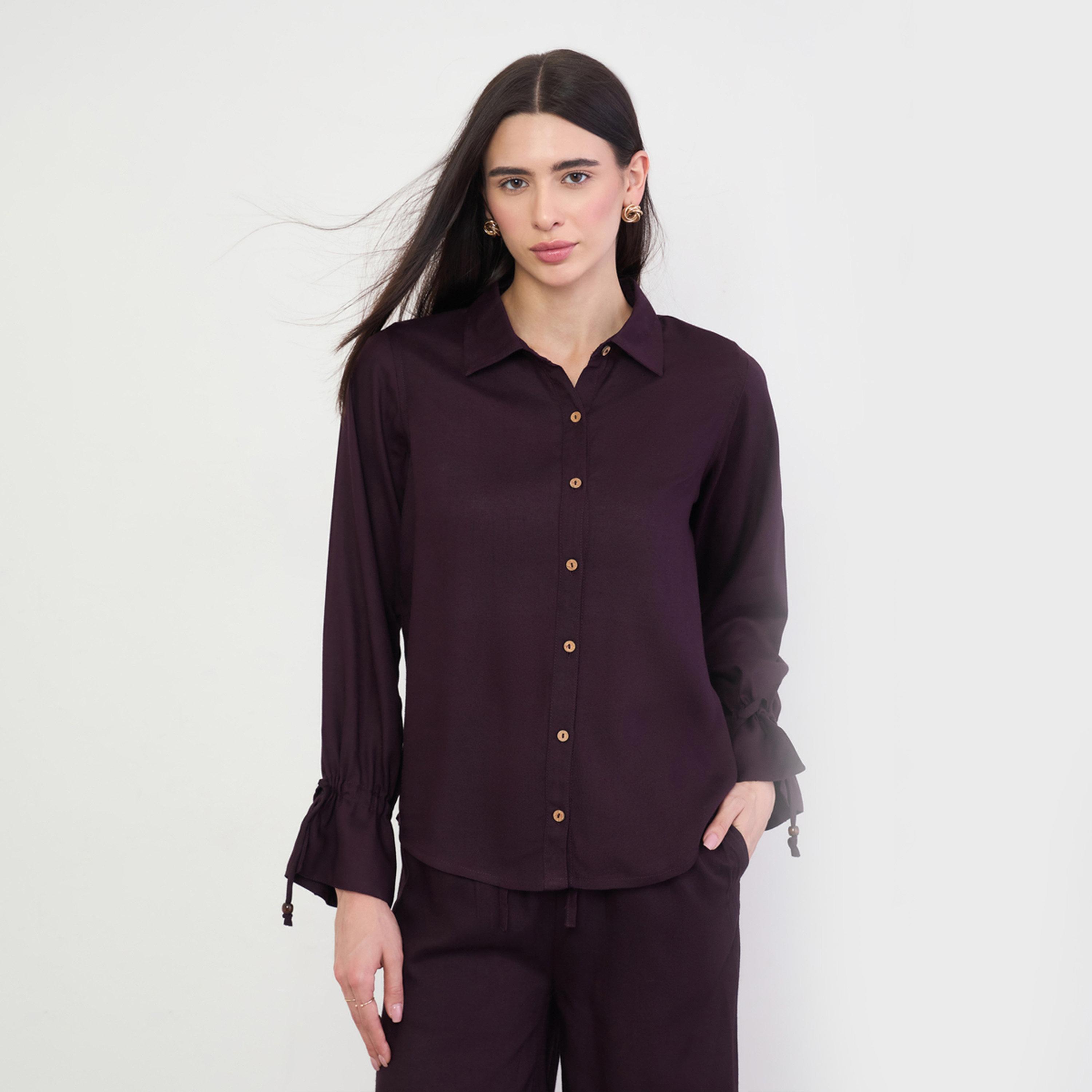 Styli Purple Linen Blend Shirt with Drawstring Cuffs-women-clothing-shirtsandblouses-shirts-image-1