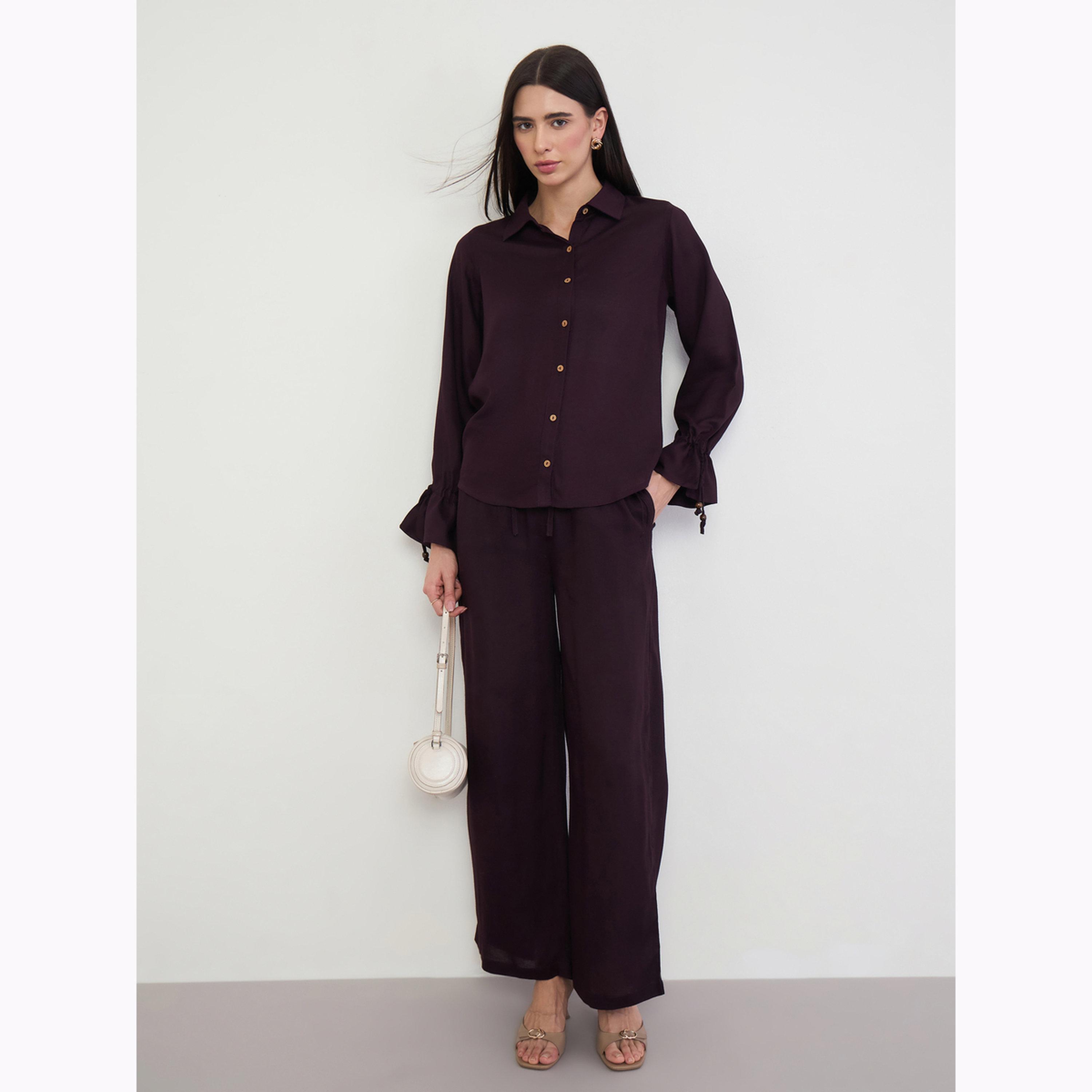 Styli Purple Linen Blend Shirt with Drawstring Cuffs-women-clothing-shirtsandblouses-shirts-image-2