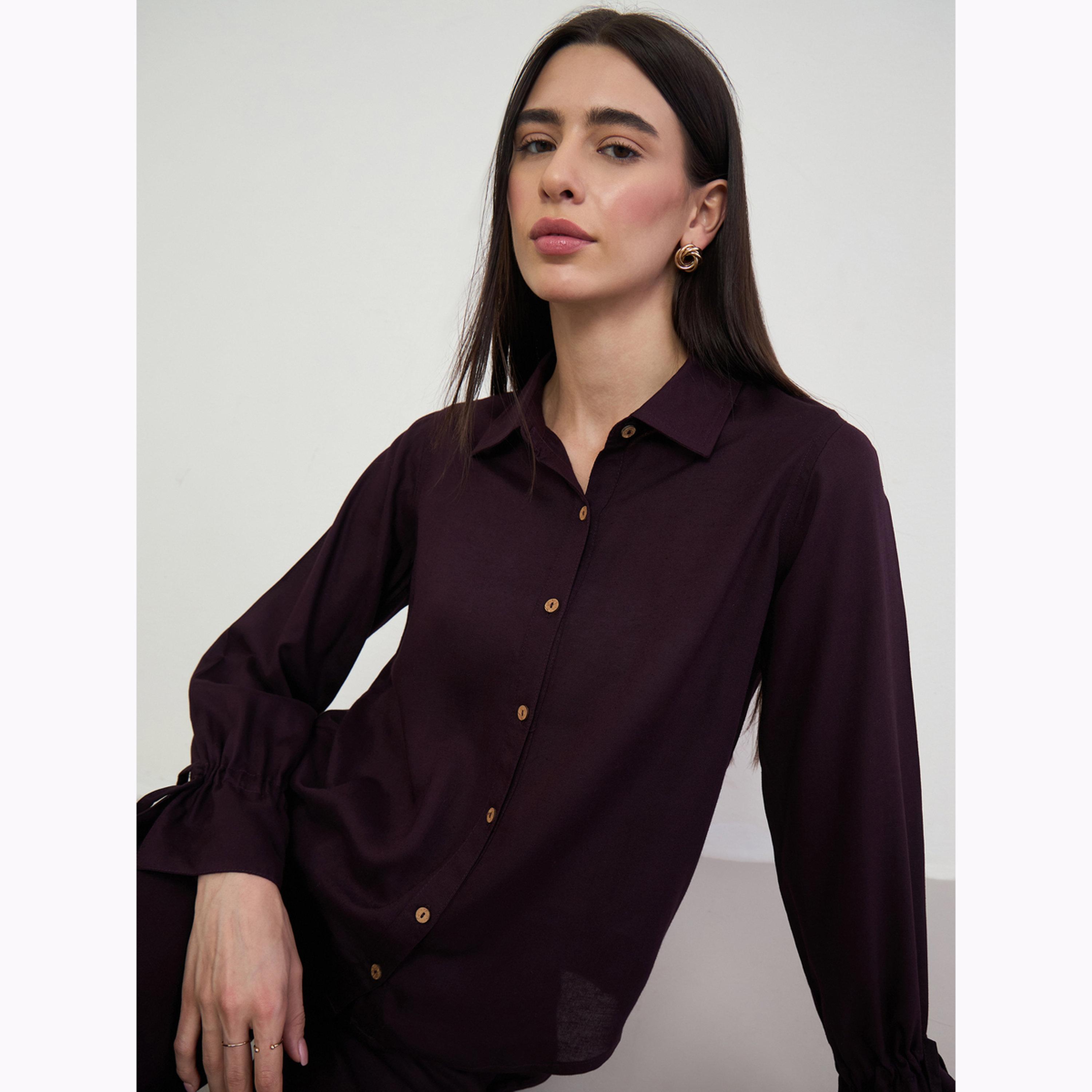 Styli Purple Linen Blend Shirt with Drawstring Cuffs-women-clothing-shirtsandblouses-shirts-image-3