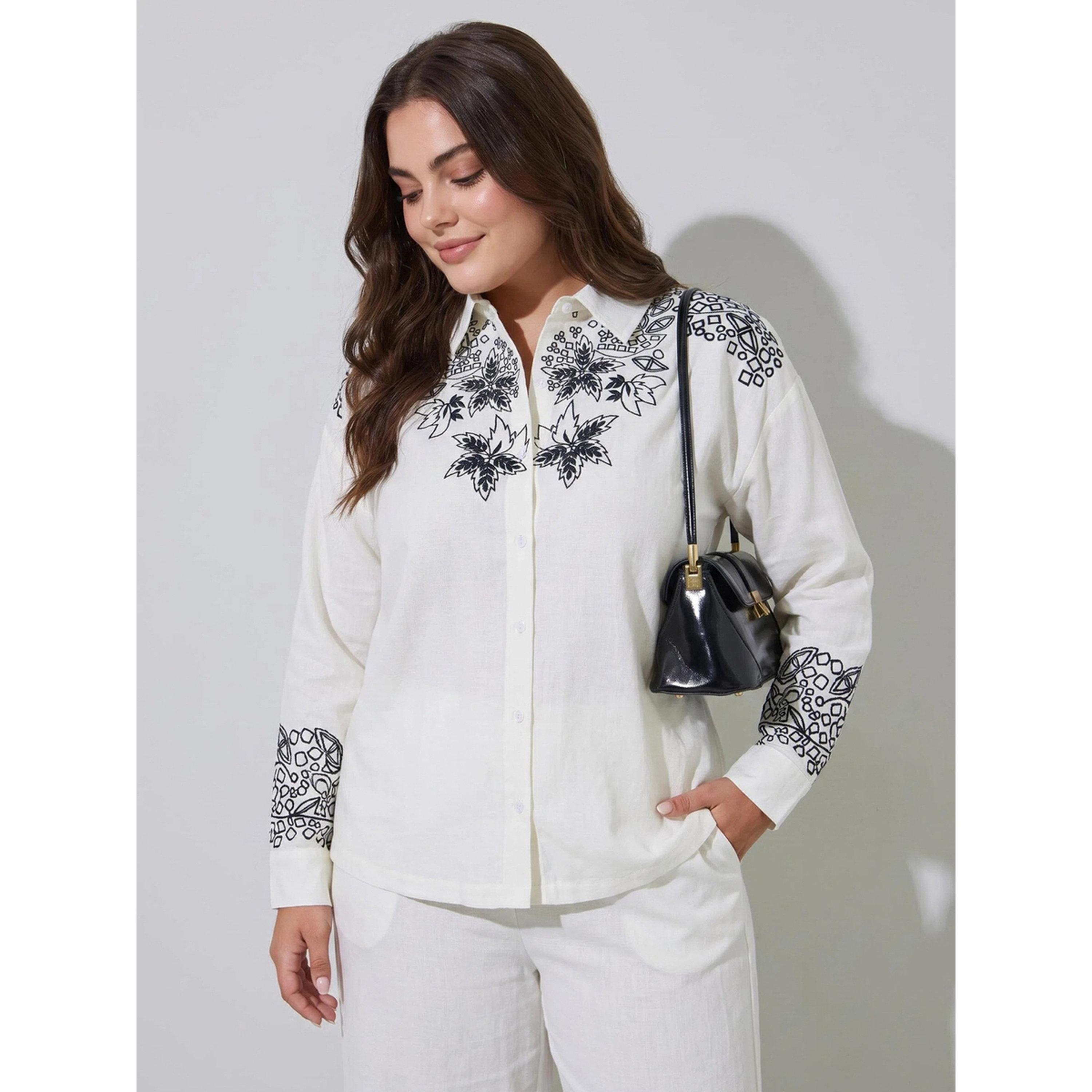 Styli Off White Embroidered Long Sleeve Relaxed Fit Shirt-women-clothing-shirtsandblouses-shirts-image-1