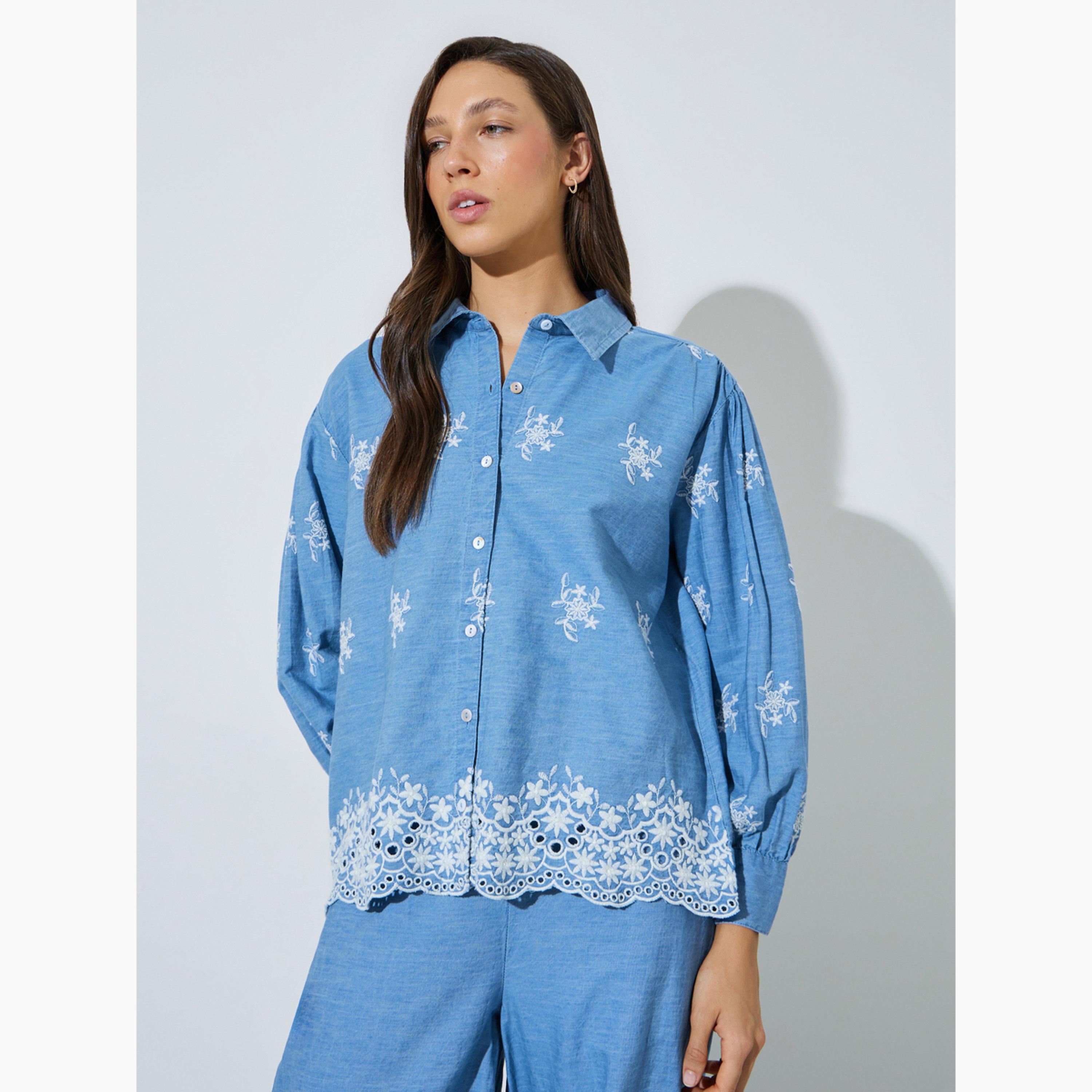 Styli Blue Cotton Embroidered Boxy Fit Shirt-women-clothing-shirtsandblouses-shirts-image-1