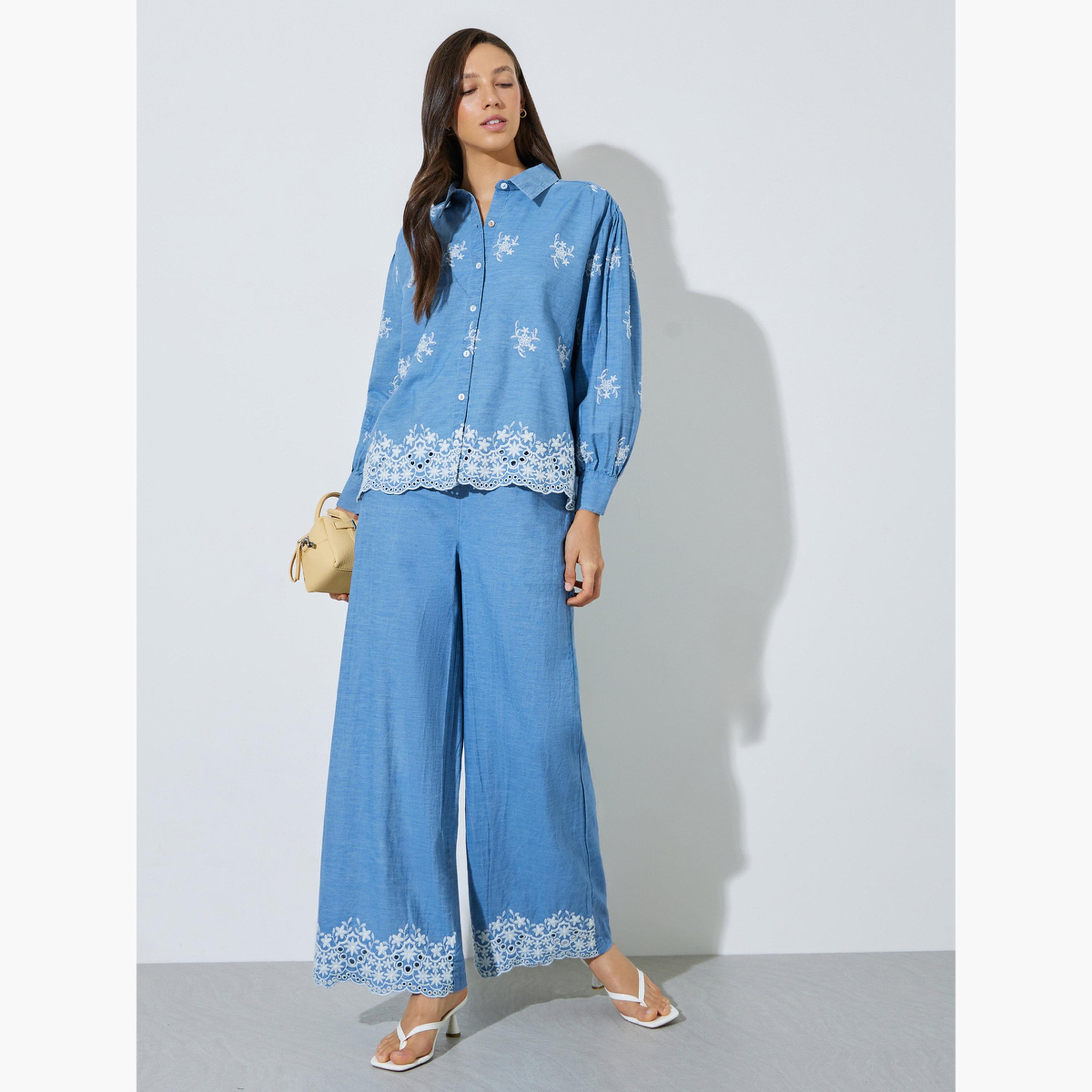 Styli Blue Cotton Embroidered Boxy Fit Shirt-women-clothing-shirtsandblouses-shirts-image-2