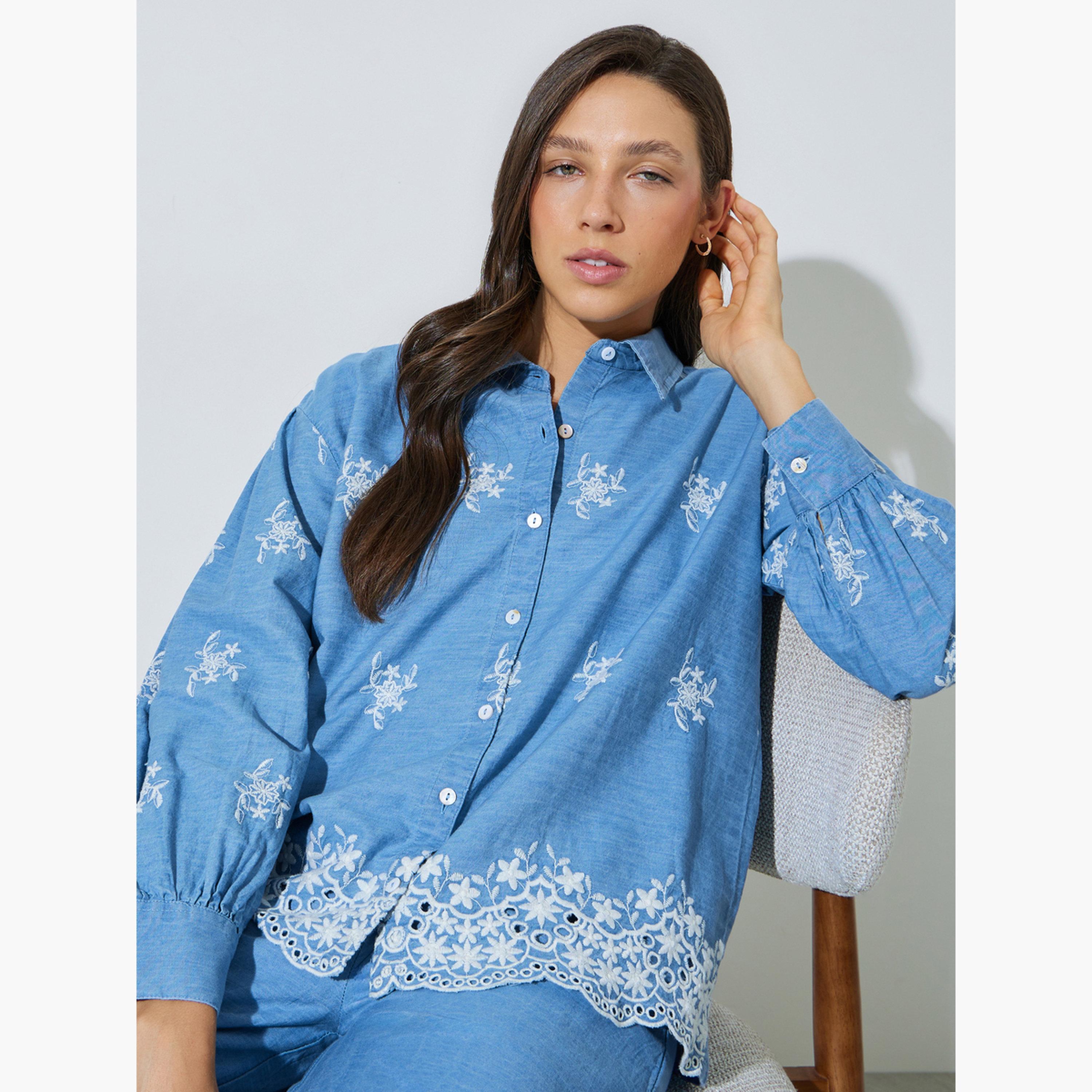 Styli Blue Cotton Embroidered Boxy Fit Shirt-women-clothing-shirtsandblouses-shirts-image-3