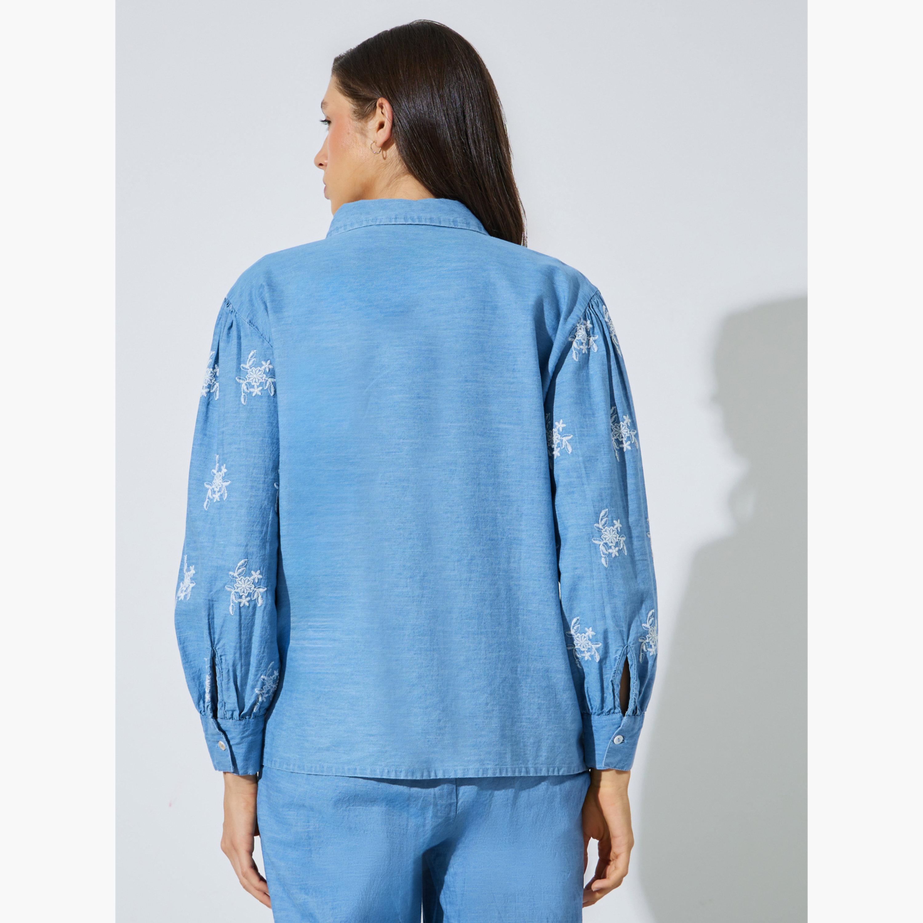 Styli Blue Cotton Embroidered Boxy Fit Shirt-women-clothing-shirtsandblouses-shirts-image-4