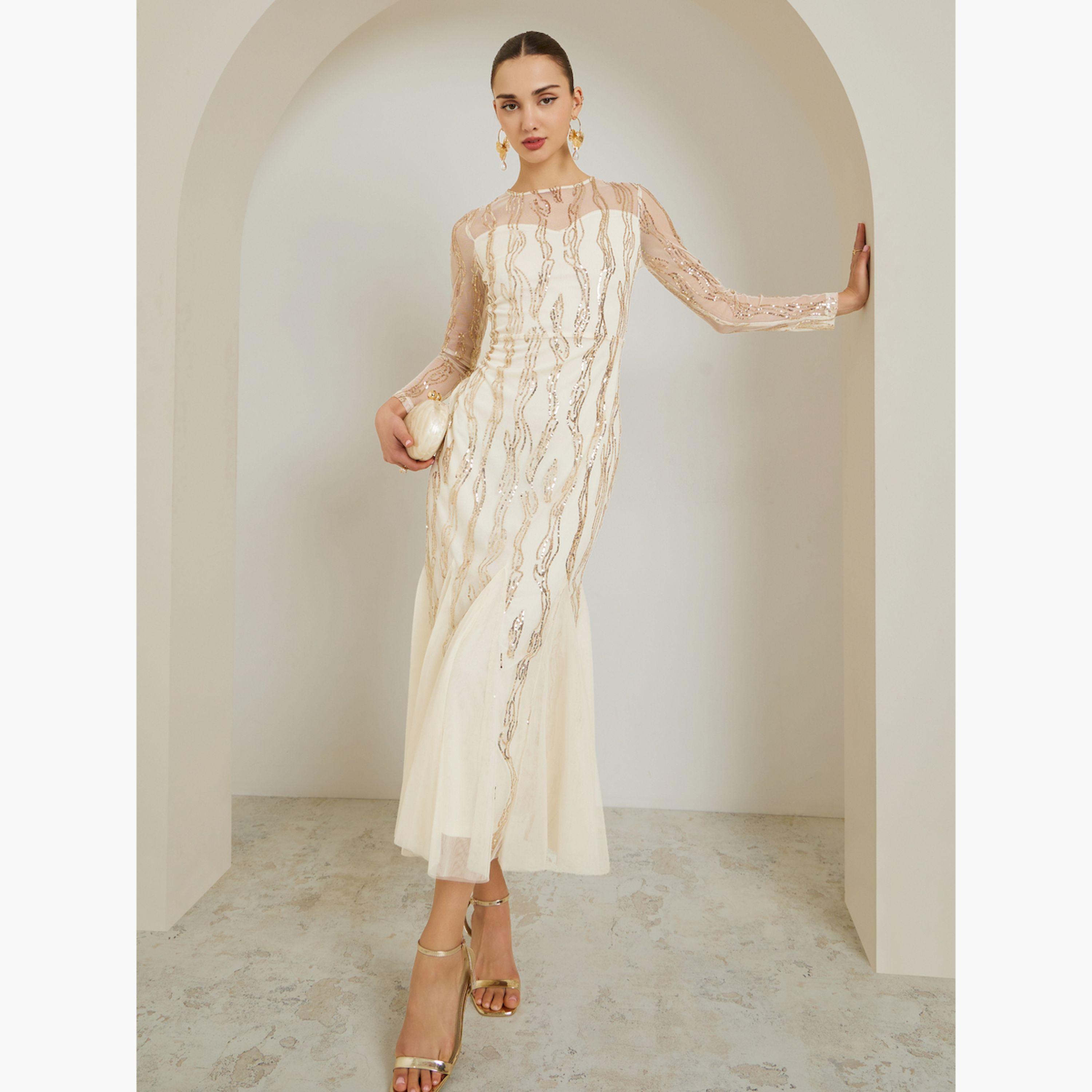 Styli Cream Sequin Mesh Insert Maxi Dress-women-clothing-dresses-image-1