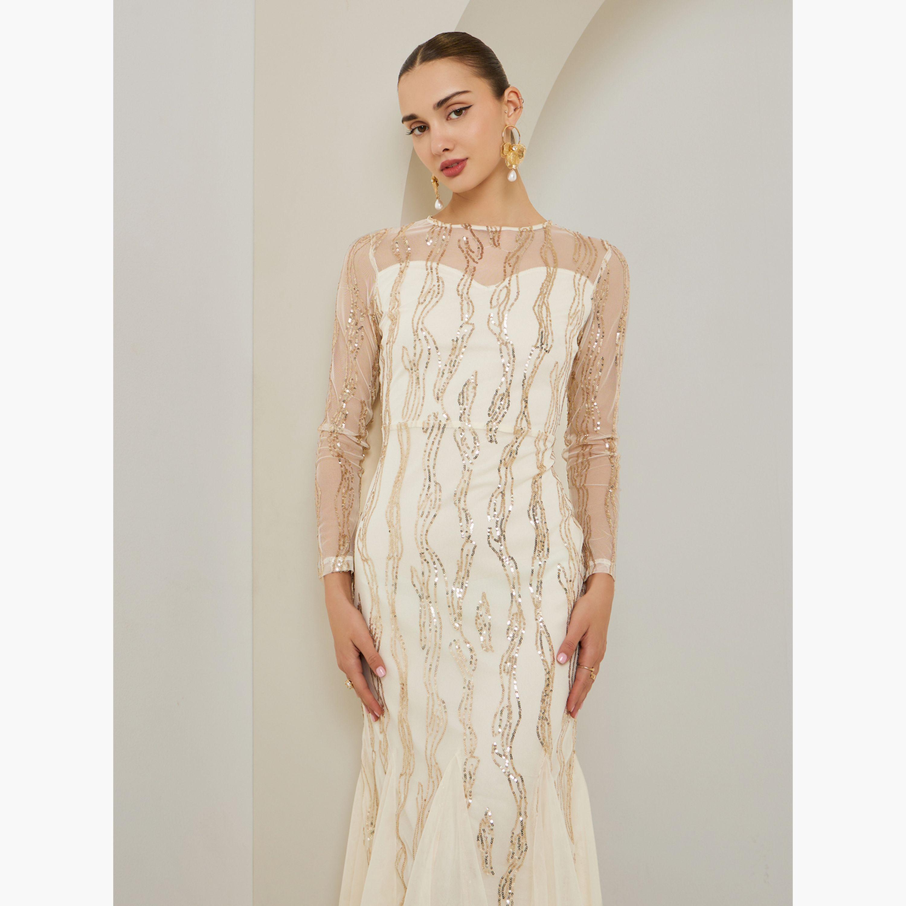 Styli Cream Sequin Mesh Insert Maxi Dress-women-clothing-dresses-image-2