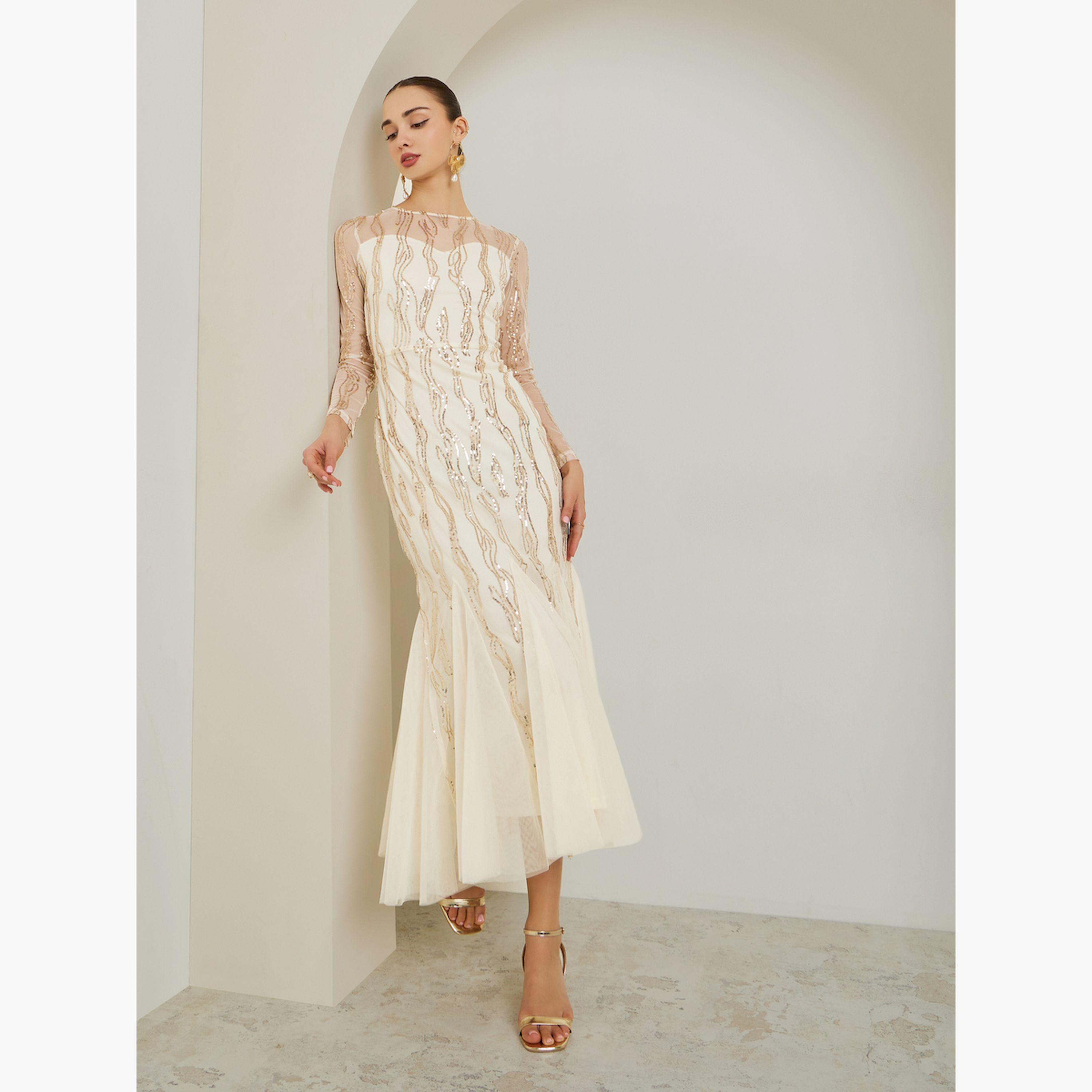 Styli Cream Sequin Mesh Insert Maxi Dress-women-clothing-dresses-image-3