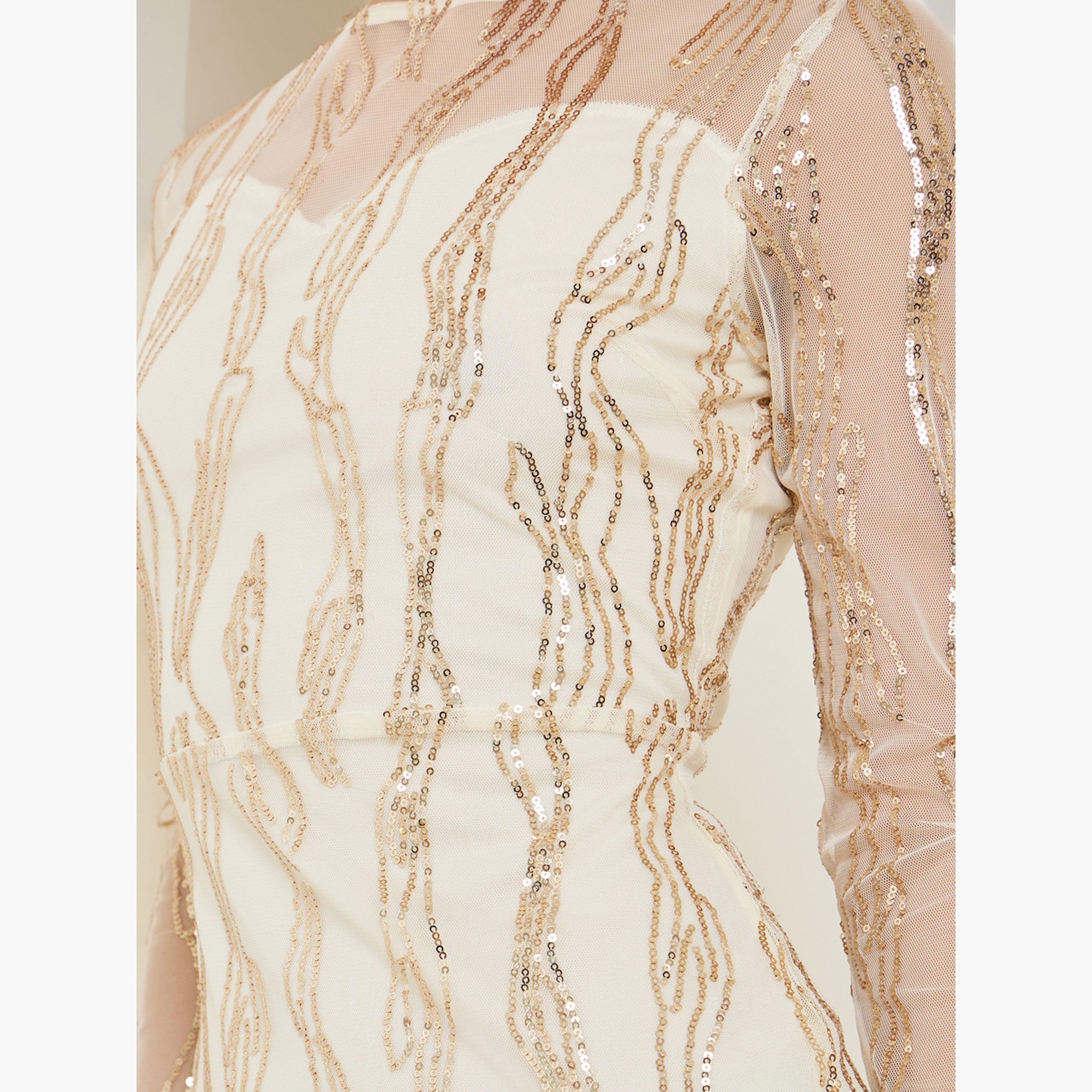 Styli Cream Sequin Mesh Insert Maxi Dress-women-clothing-dresses-image-4