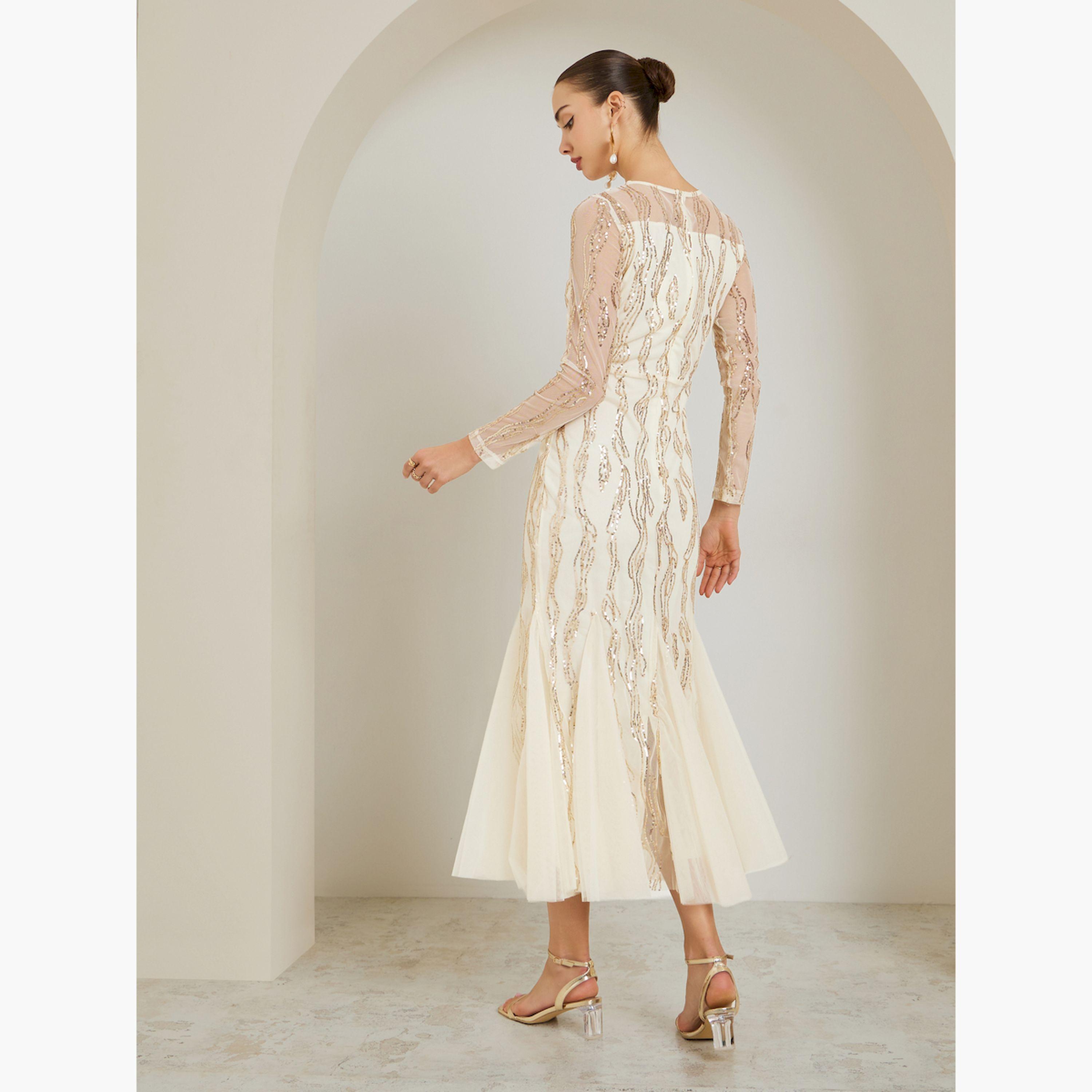 Styli Cream Sequin Mesh Insert Maxi Dress-women-clothing-dresses-image-5