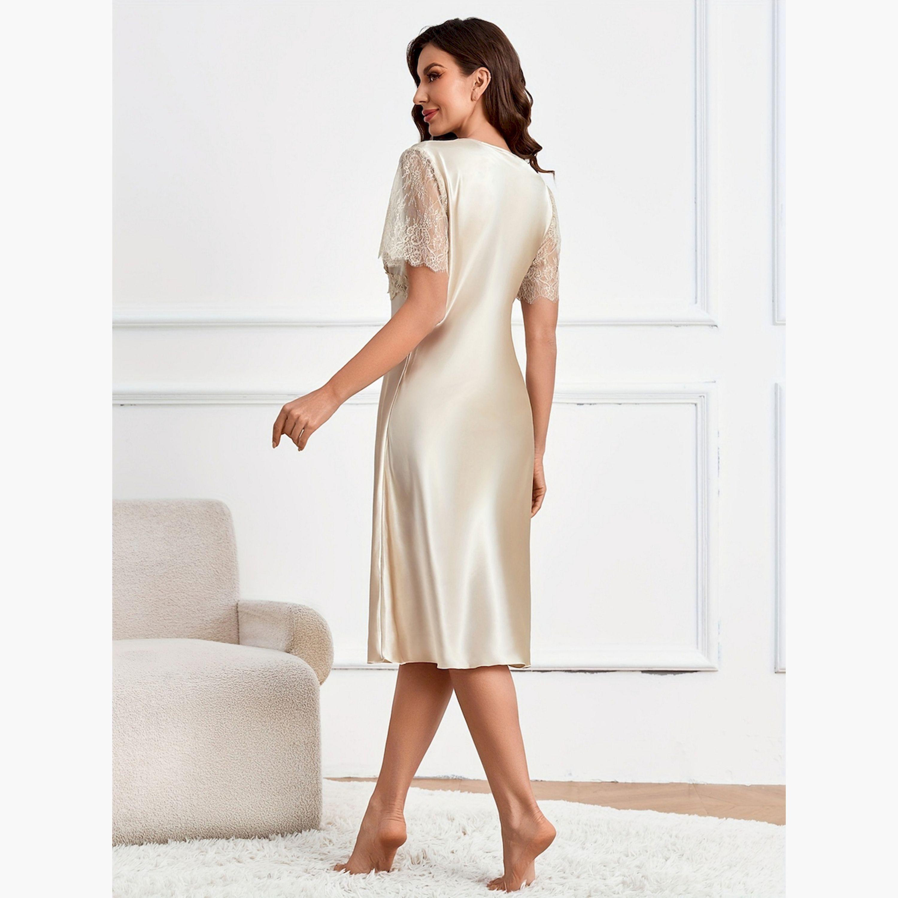 Take Two Beige Satin Lace Insert Nightdress-women-clothing-nightwear-nighties-image-2