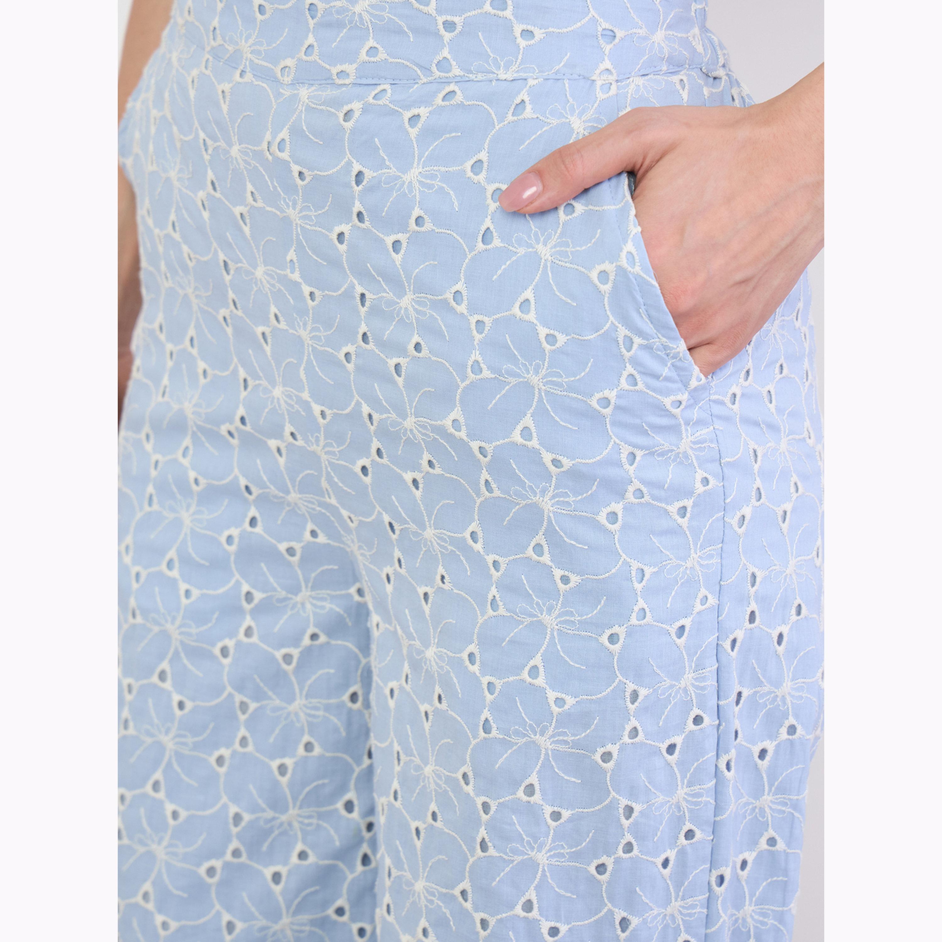 بنطال بأرجل واسعة ومطرز لون أزرق-women-clothing-bottoms-joggers-image-3
