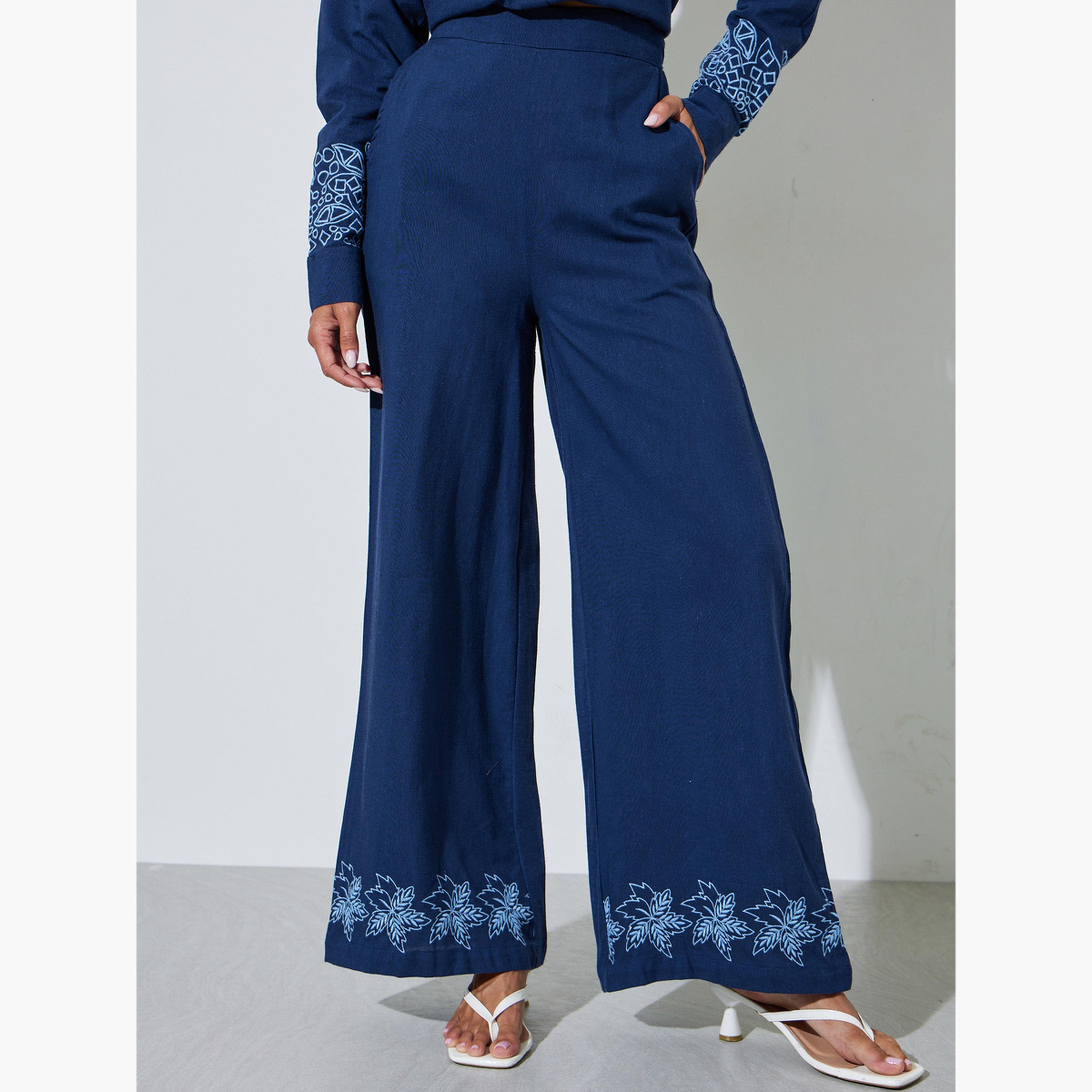 Styli Navy Blue Embroidered Hem Wide Leg Pants-women-clothing-bottoms-joggers-image-1
