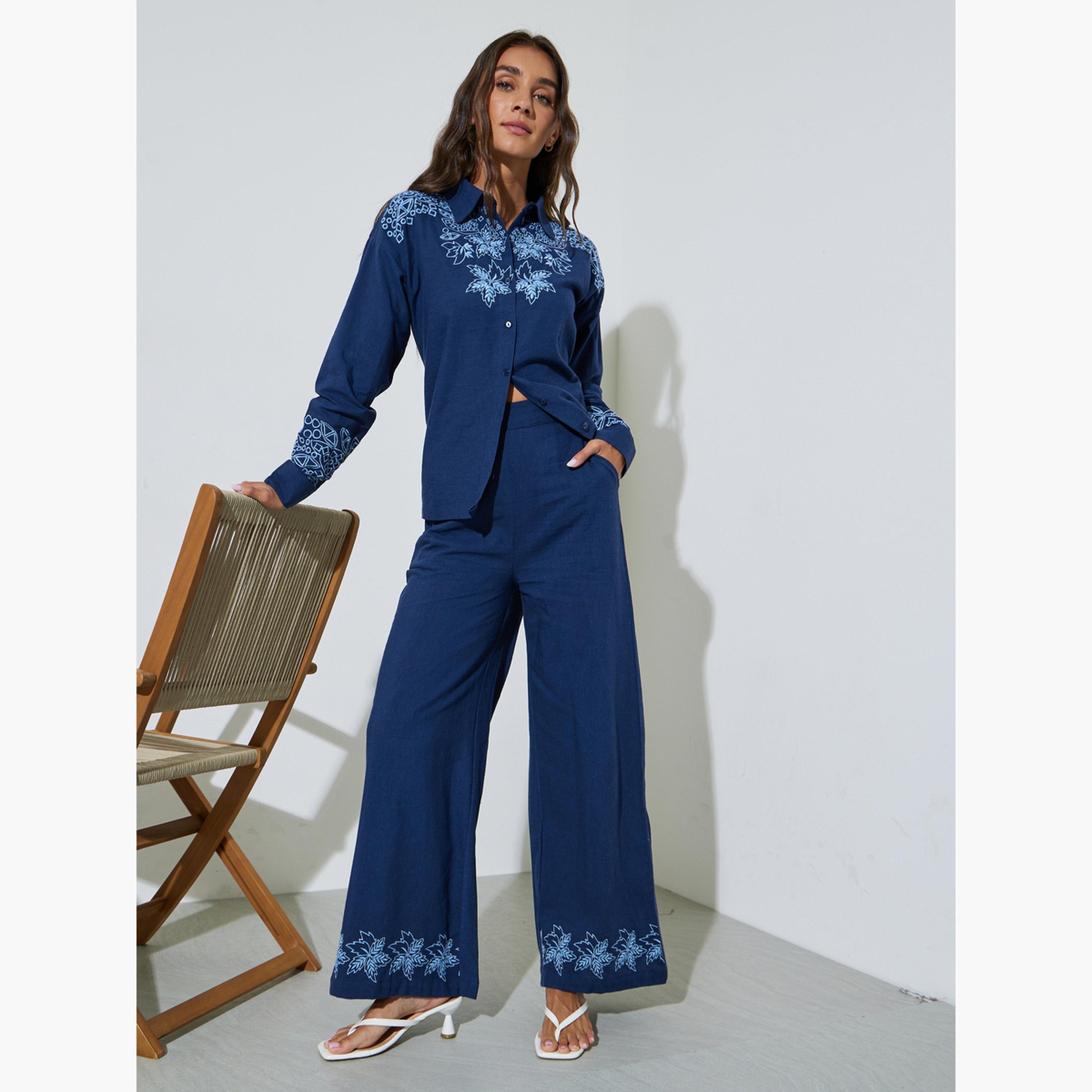 Styli Navy Blue Embroidered Hem Wide Leg Pants-women-clothing-bottoms-joggers-image-2