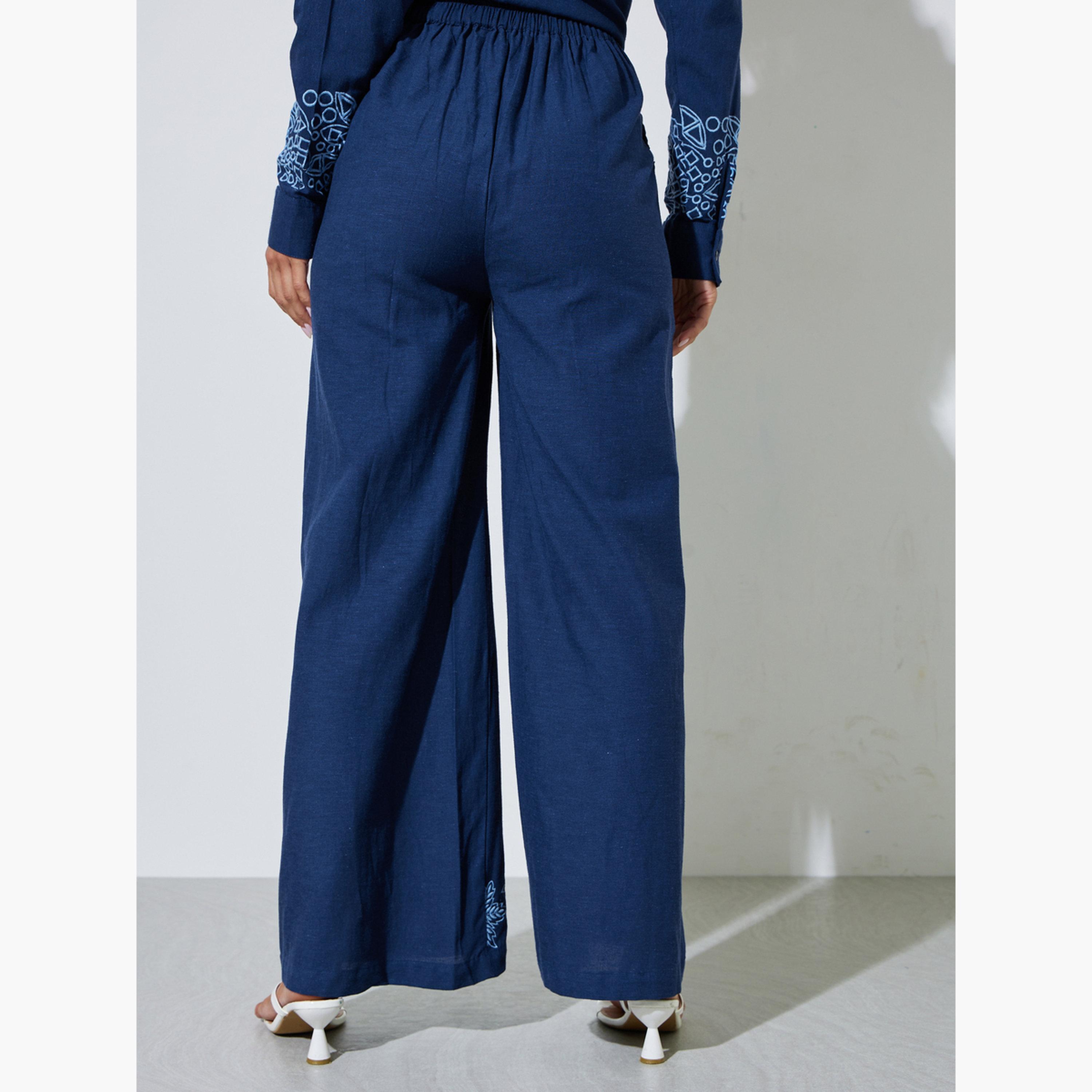 Styli Navy Blue Embroidered Hem Wide Leg Pants-women-clothing-bottoms-joggers-image-5