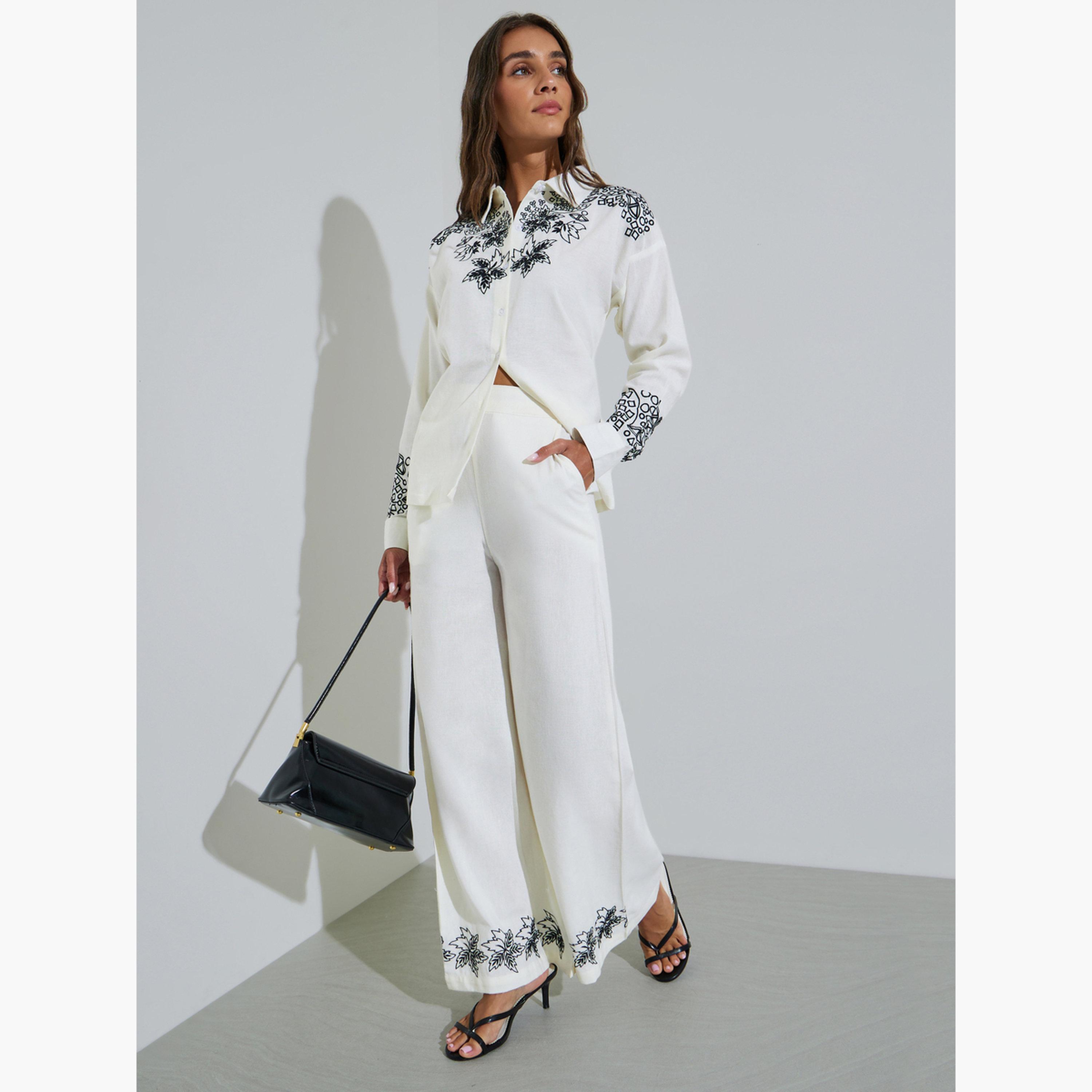 بنطال بأرجل واسعة وحافة مطرزة لون أوف وايت-women-clothing-bottoms-joggers-image-2