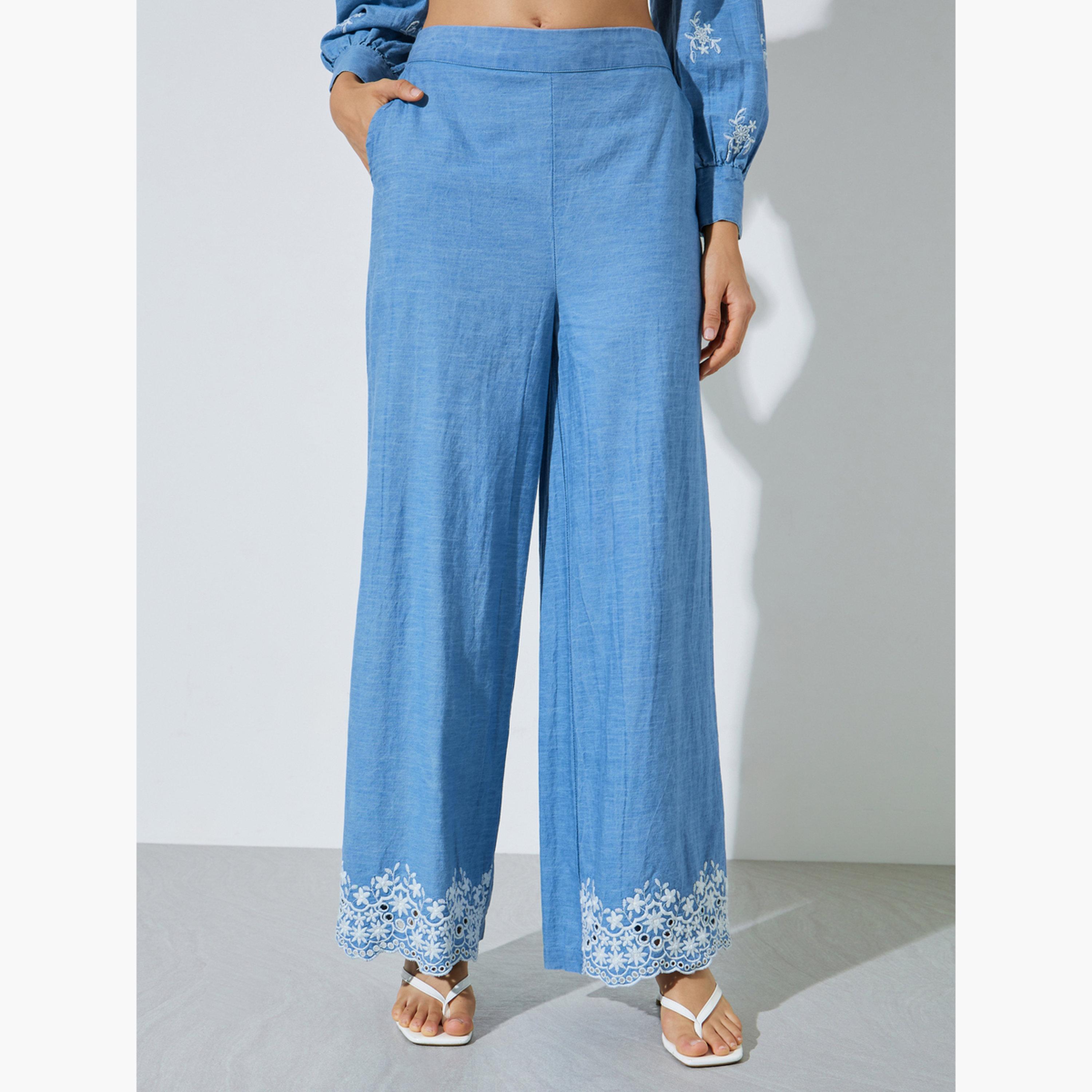 Styli Blue Cotton Embroidered Wide Leg Pants-women-clothing-bottoms-joggers-image-1