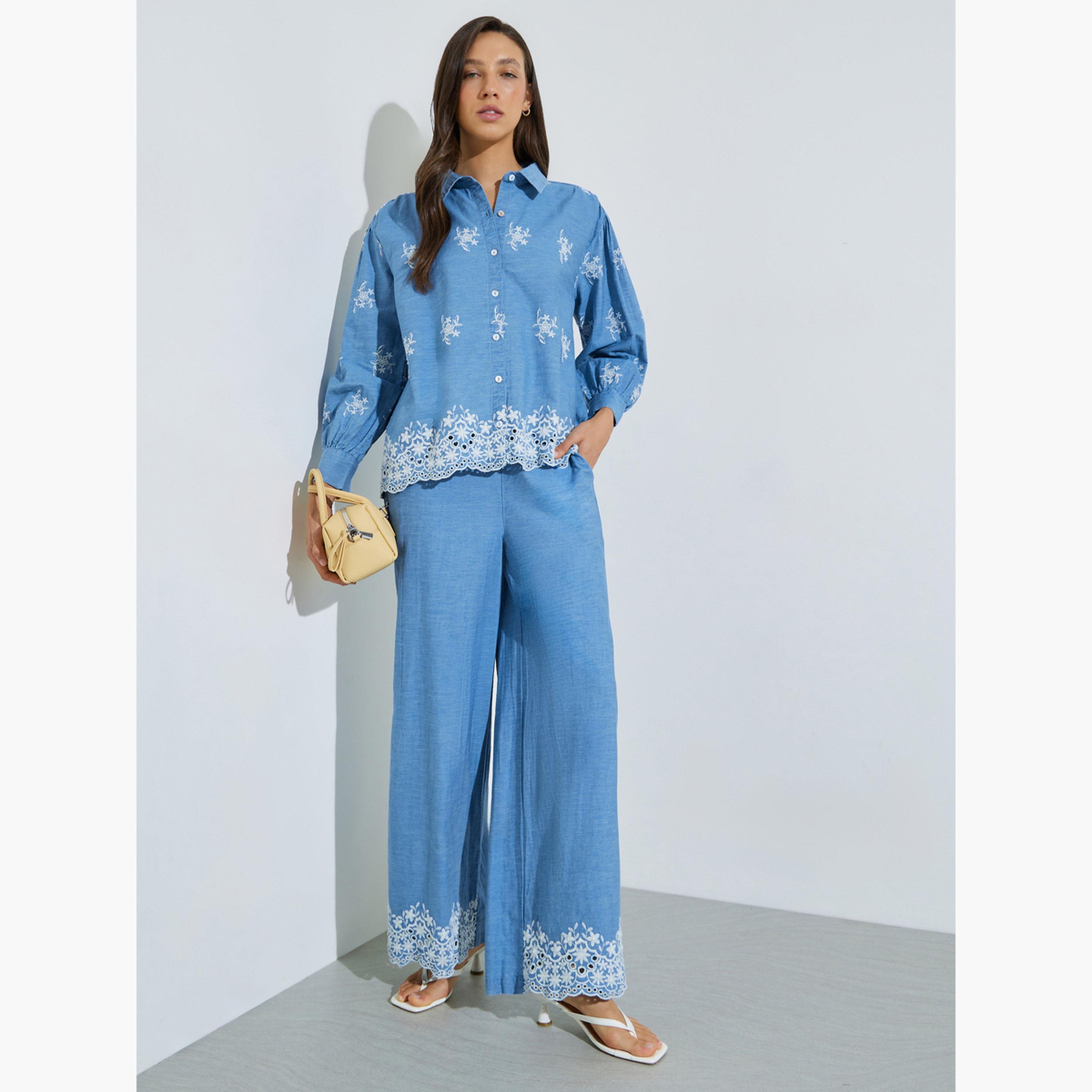 Styli Blue Cotton Embroidered Wide Leg Pants-women-clothing-bottoms-joggers-image-2