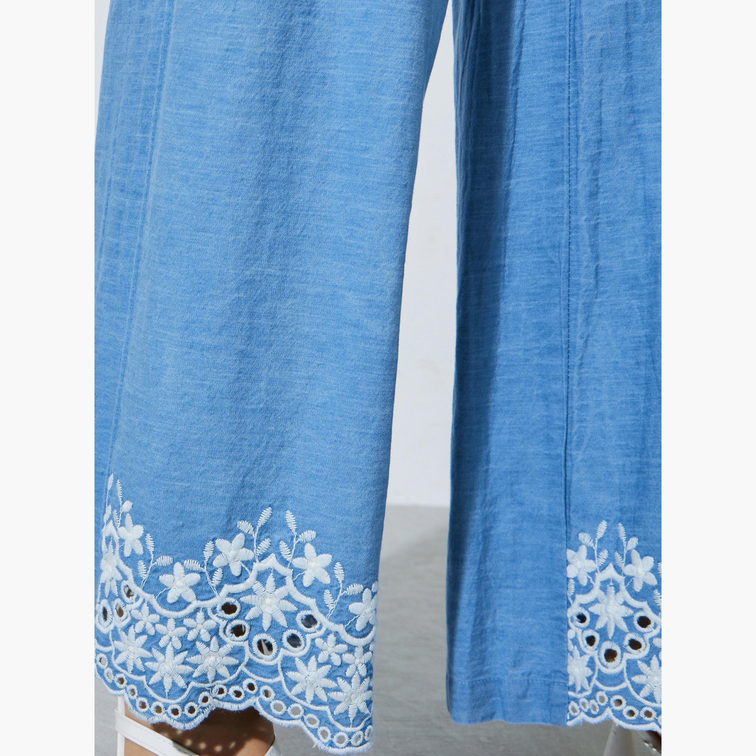 Styli Blue Cotton Embroidered Wide Leg Pants-women-clothing-bottoms-joggers-image-4