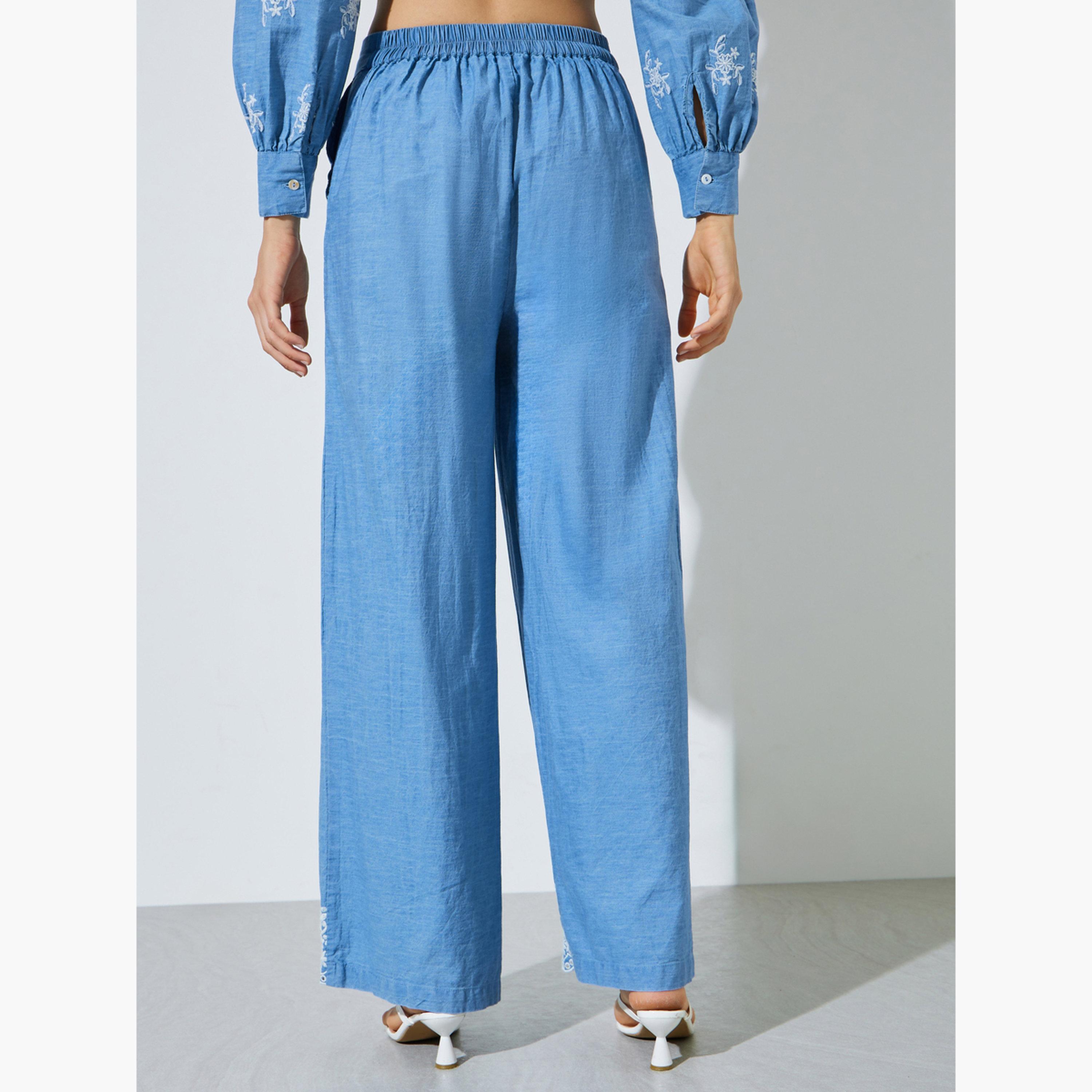 Styli Blue Cotton Embroidered Wide Leg Pants-women-clothing-bottoms-joggers-image-5