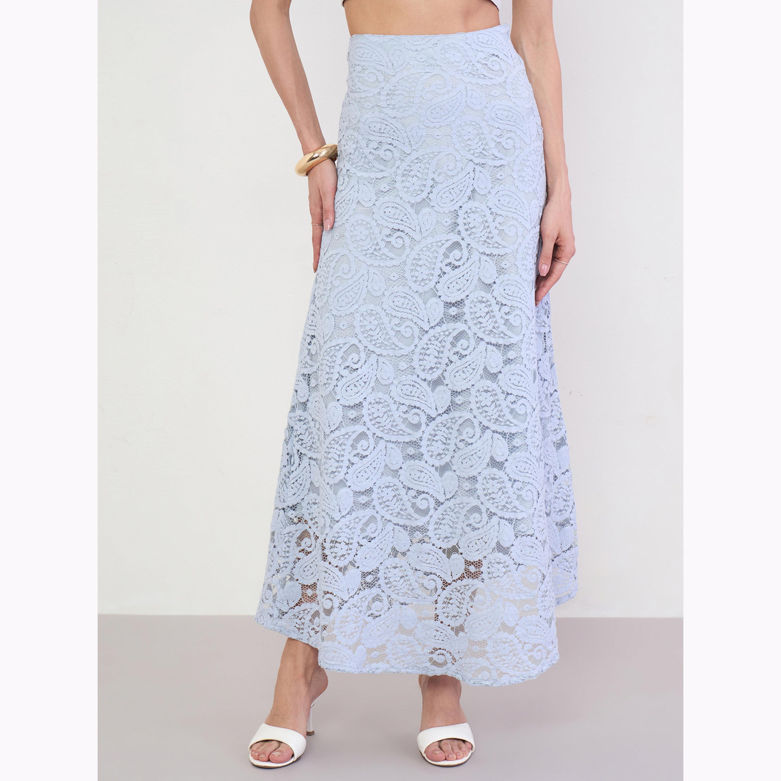 تنورة طويلة بحافة واسعة من دانتيل بنمط بيزلي لون أزرق-women-clothing-bottoms-skirts-image-1