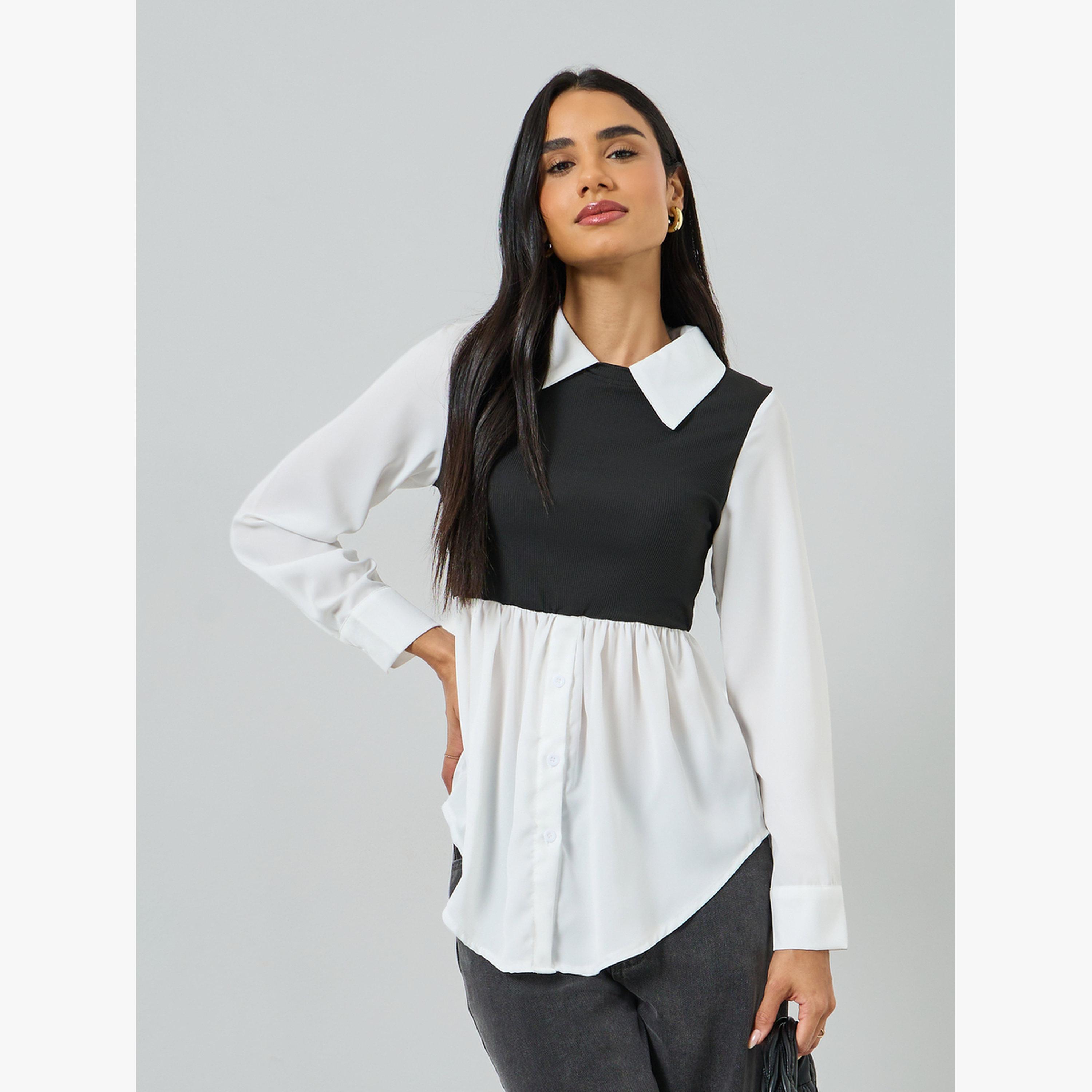 Take Two White Color Block Long Sleeve Top-women-clothing-shirtsandblouses-blouses-image-1