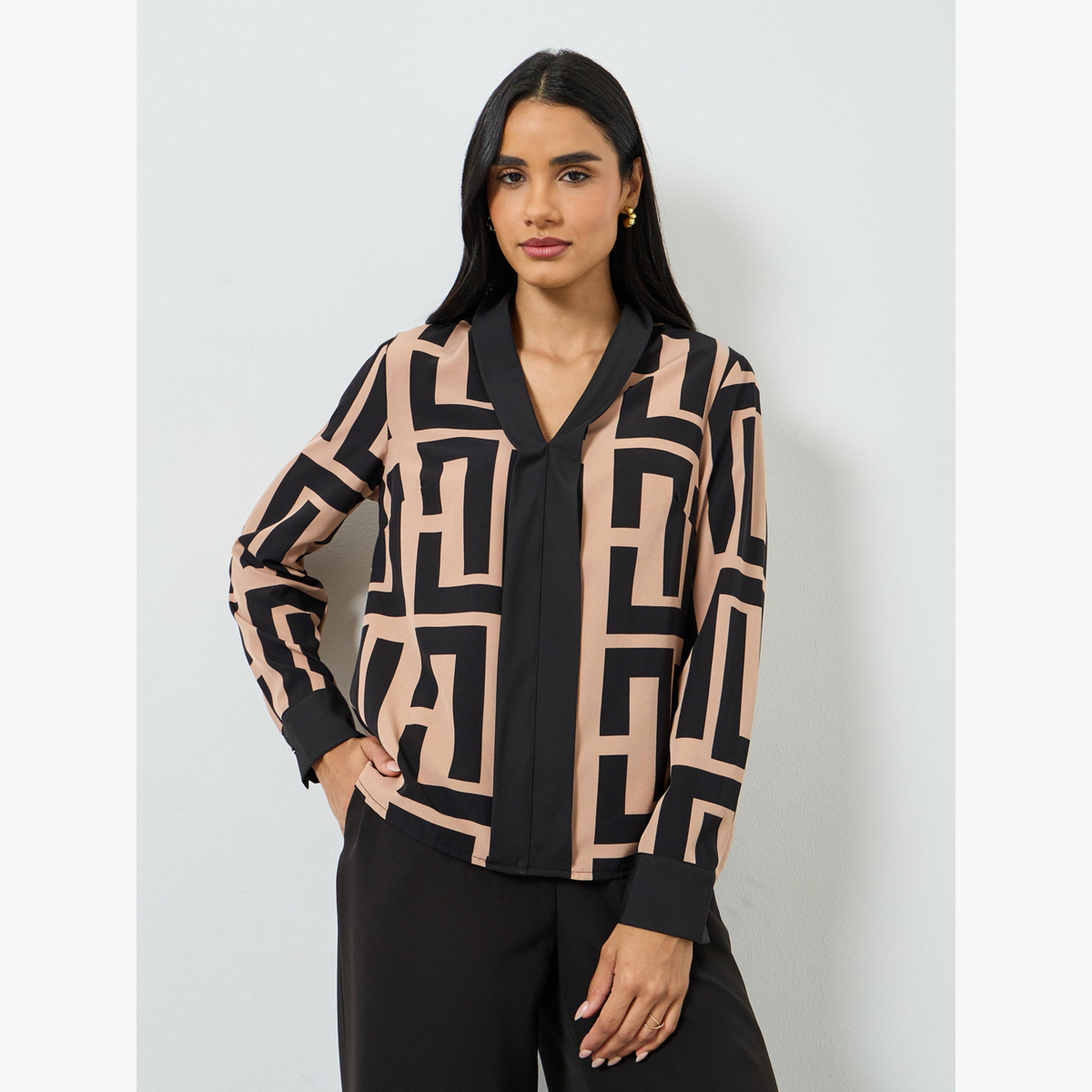 Take Two Multi Geometric Print Long Sleeve Top-women-clothing-shirtsandblouses-blouses-image-1