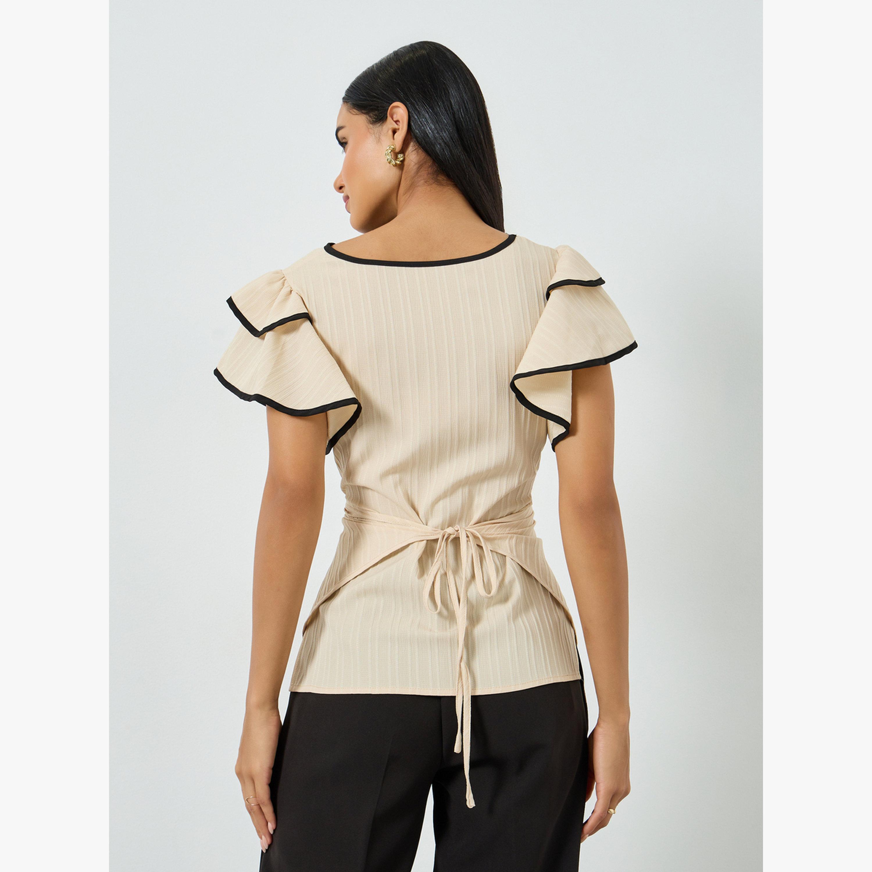 Take Two Beige Wrap Top with Ruffle Sleeves-women-clothing-shirtsandblouses-blouses-image-3