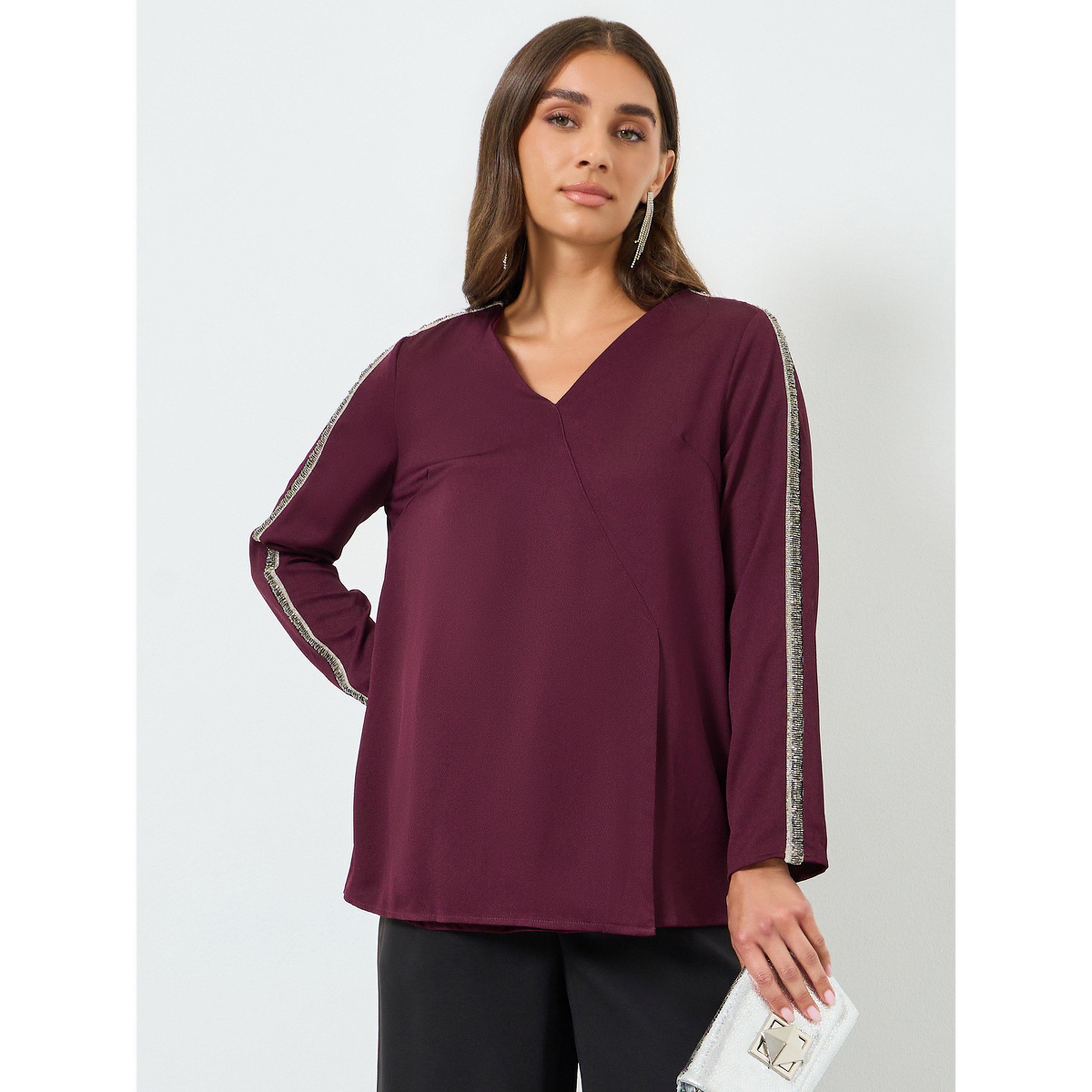 Styli Women Burgundy Embellished Sleeve Blouse-women-clothing-shirtsandblouses-blouses-image-1