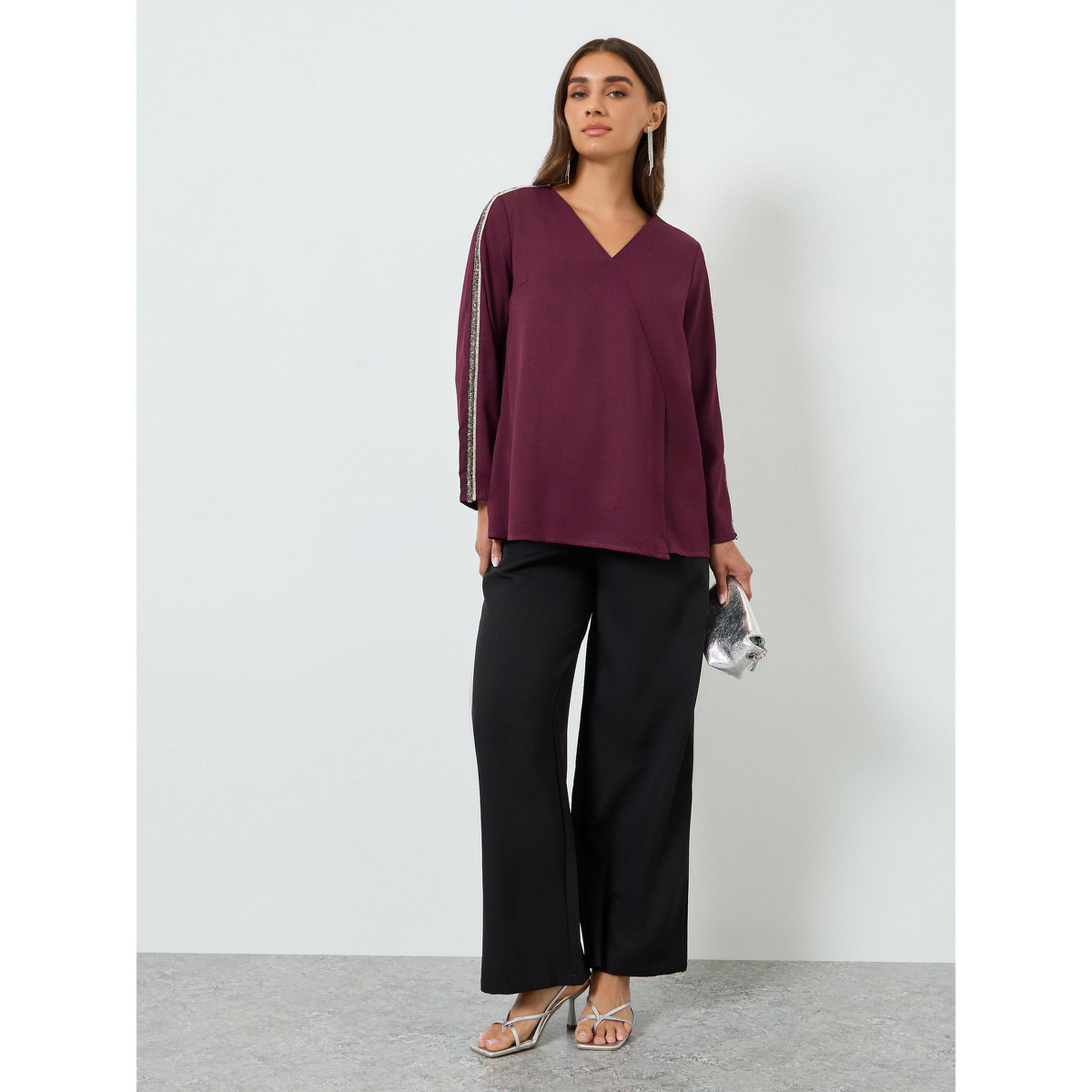 Styli Women Burgundy Embellished Sleeve Blouse-women-clothing-shirtsandblouses-blouses-image-2