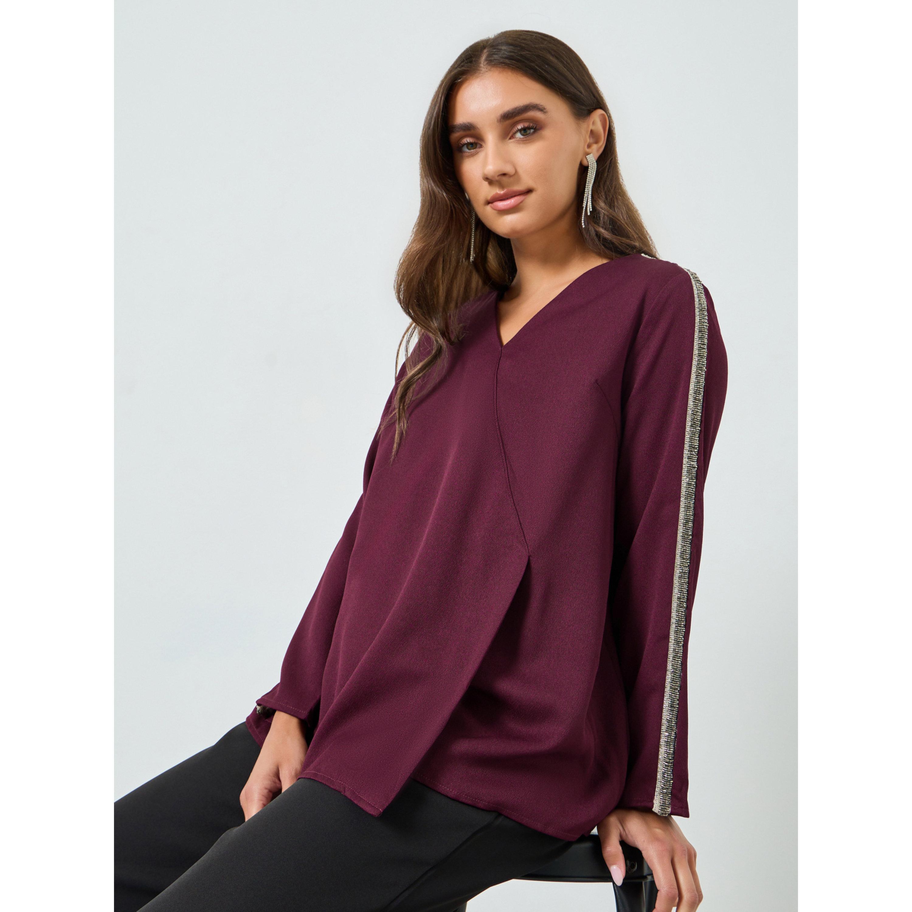Styli Women Burgundy Embellished Sleeve Blouse-women-clothing-shirtsandblouses-blouses-image-3