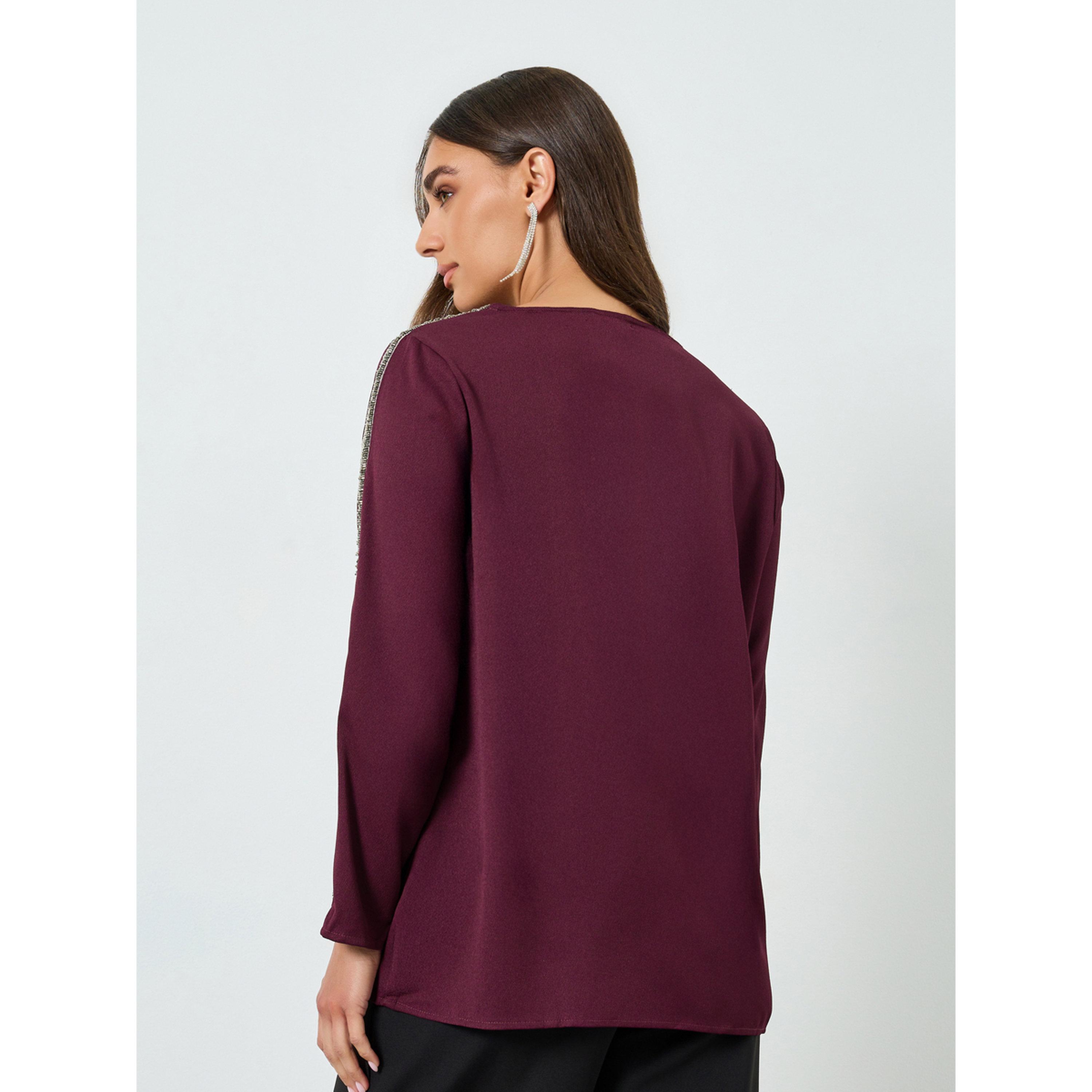 Styli Women Burgundy Embellished Sleeve Blouse-women-clothing-shirtsandblouses-blouses-image-5