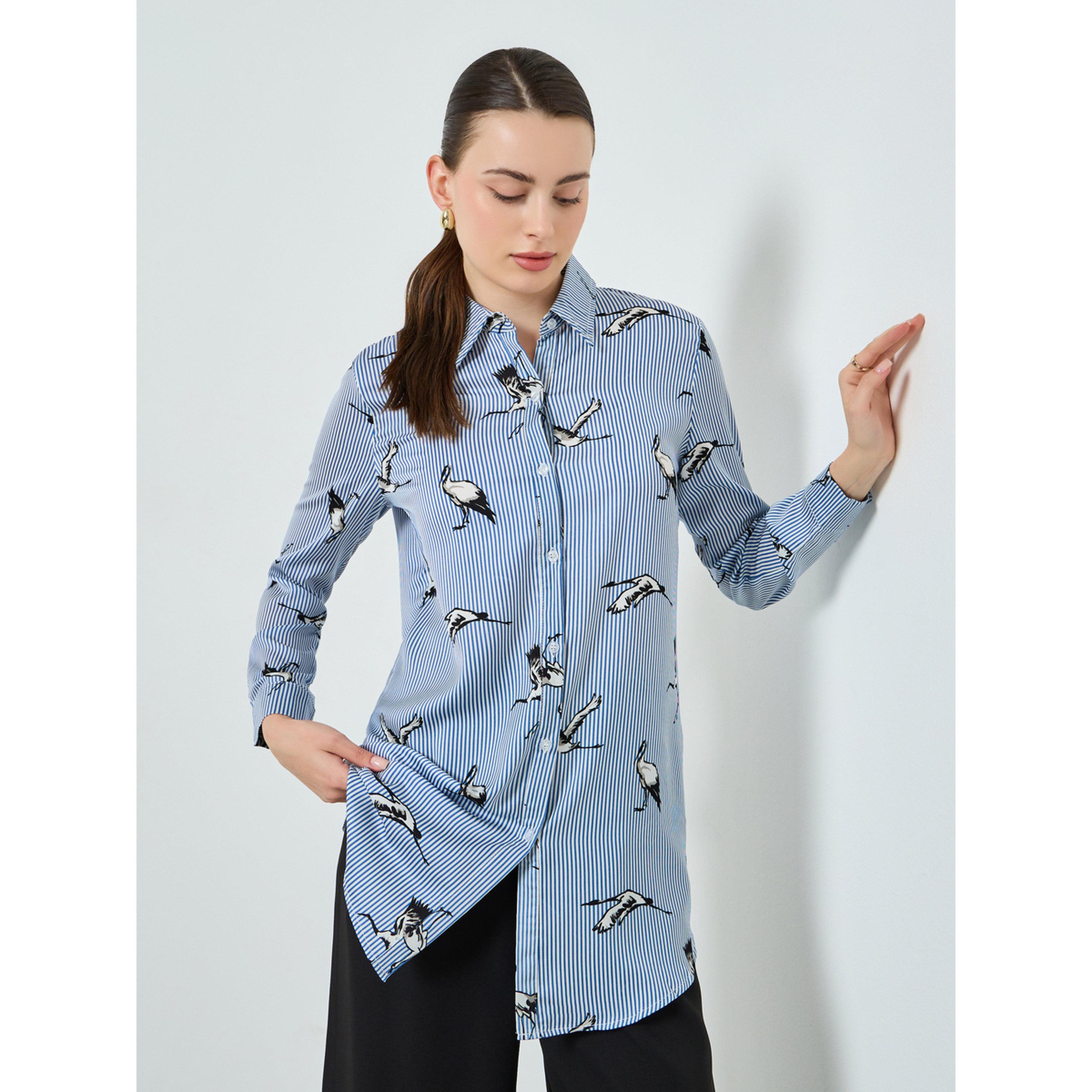 قميص أزرق بأكمام طويلة وطبعة طيور-women-clothing-shirtsandblouses-shirts-image-1