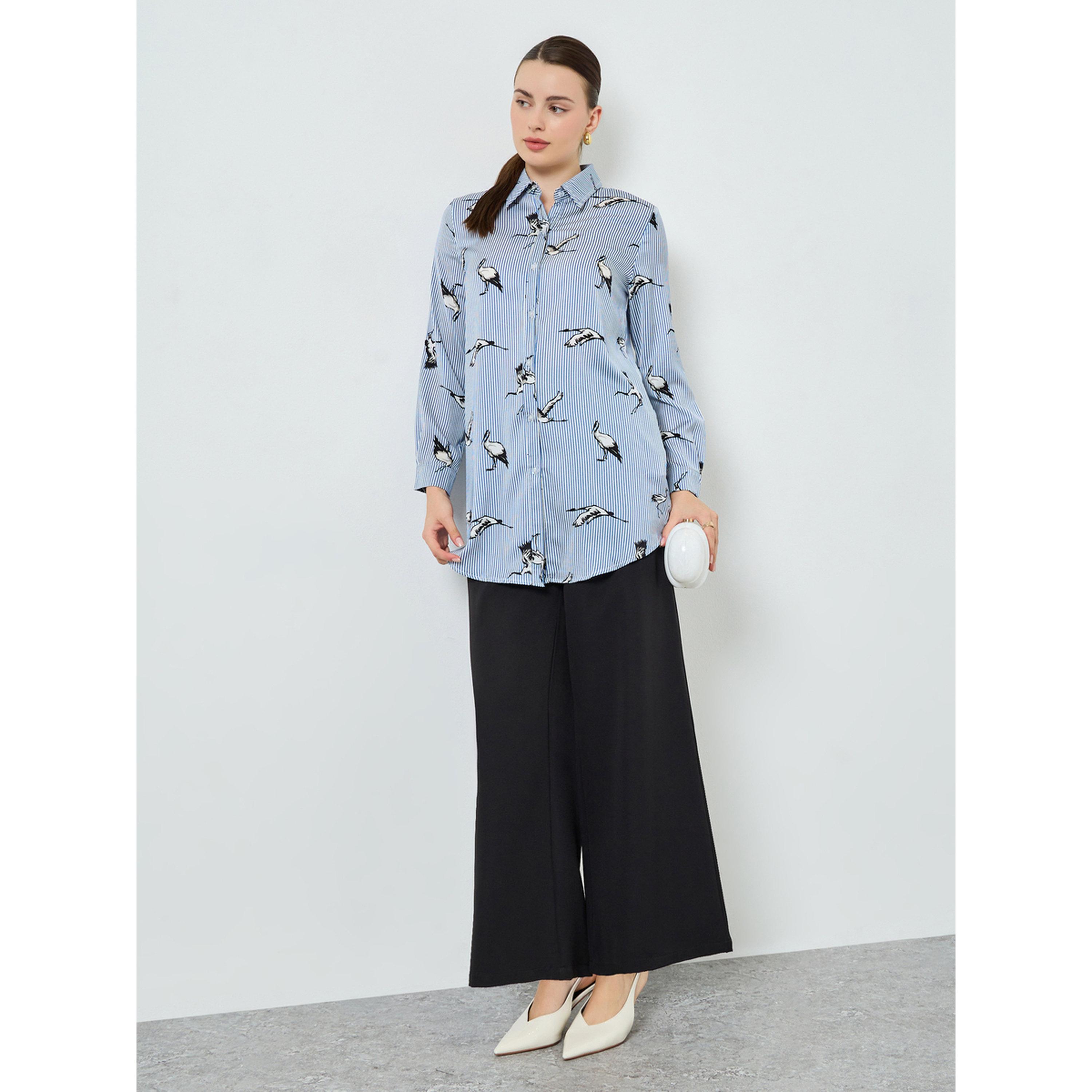 قميص أزرق بأكمام طويلة وطبعة طيور-women-clothing-shirtsandblouses-shirts-image-2