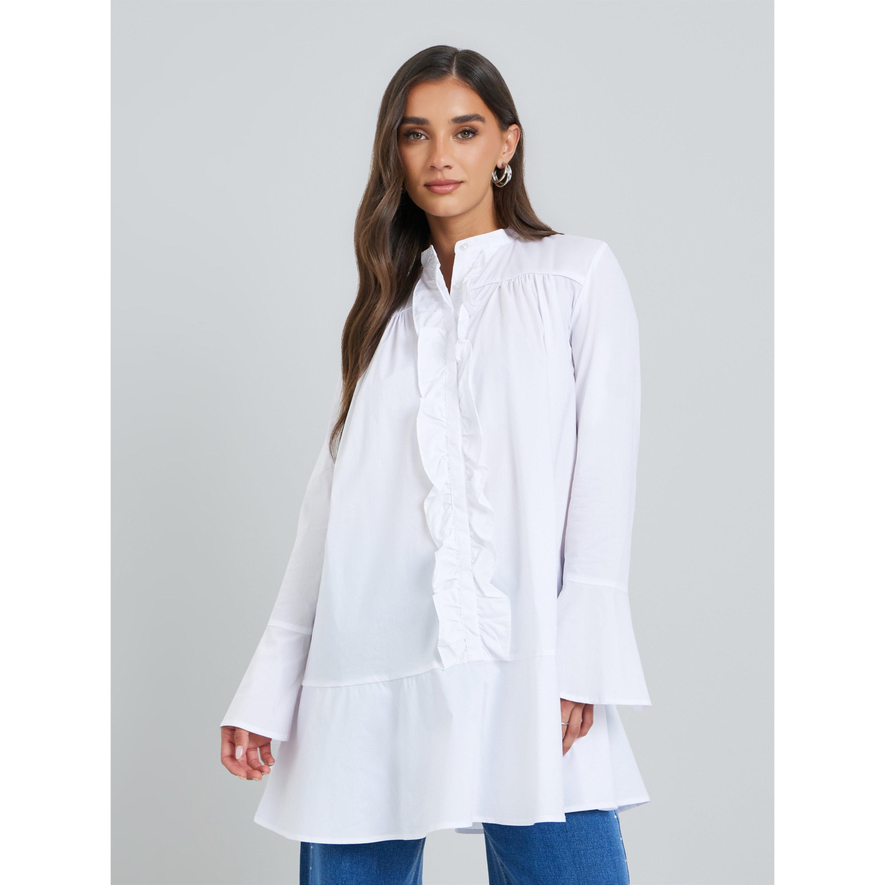 Styli Women White Ruffle Front Long Sleeve Blouse-women-clothing-shirtsandblouses-blouses-image-1
