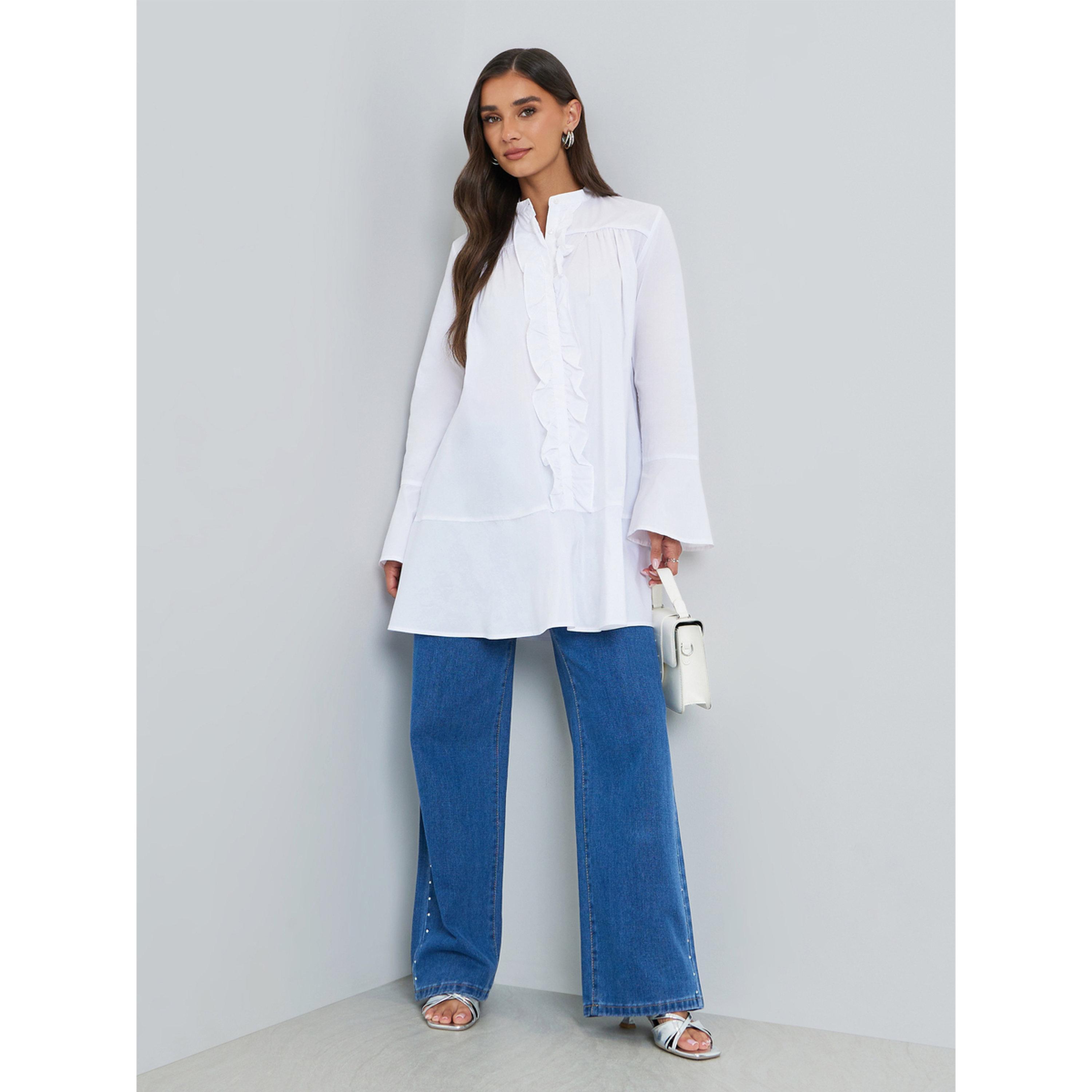 Styli Women White Ruffle Front Long Sleeve Blouse-women-clothing-shirtsandblouses-blouses-image-2