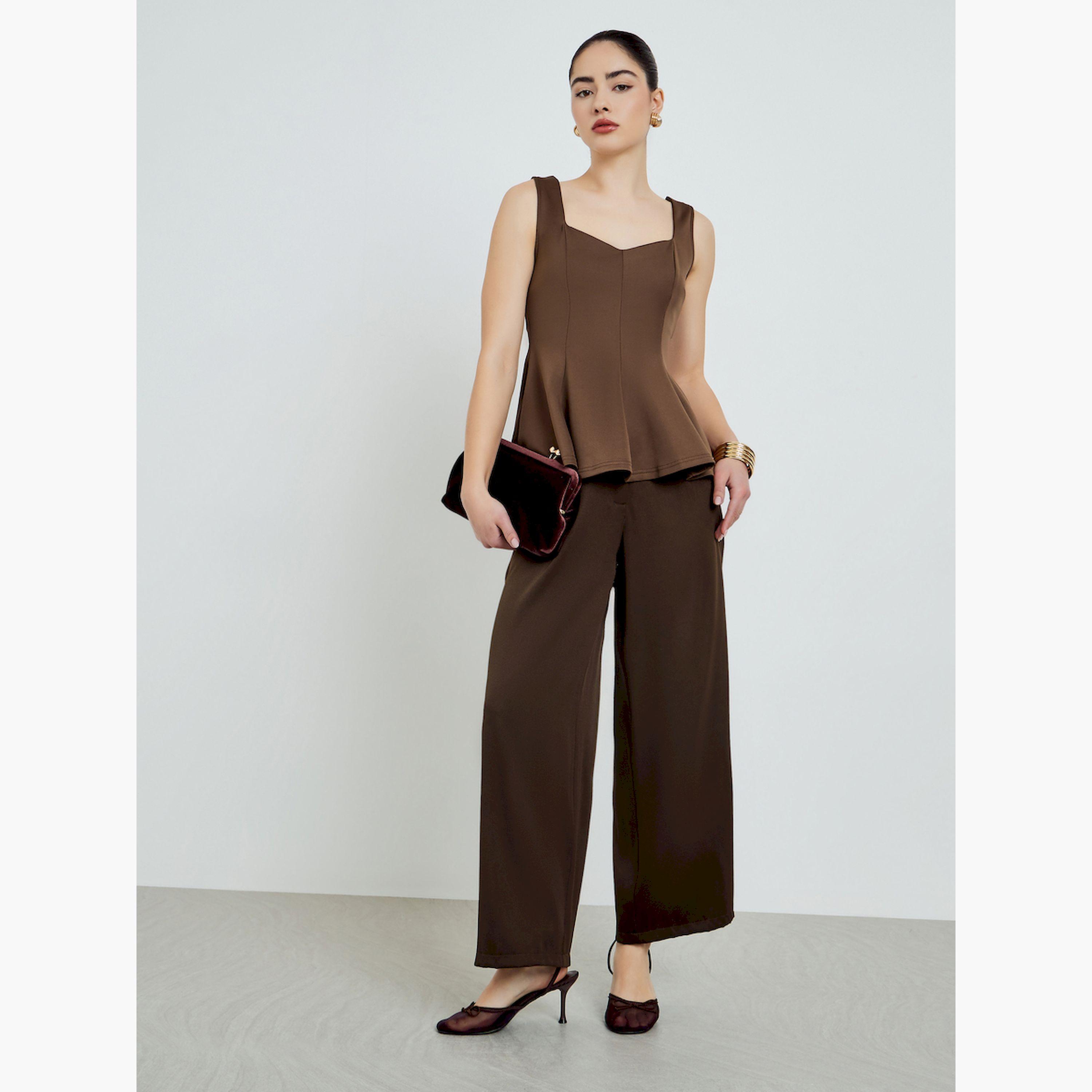 Styli Brown Wide Straps Pleated Peplum Top-women-clothing-shirtsandblouses-blouses-image-2
