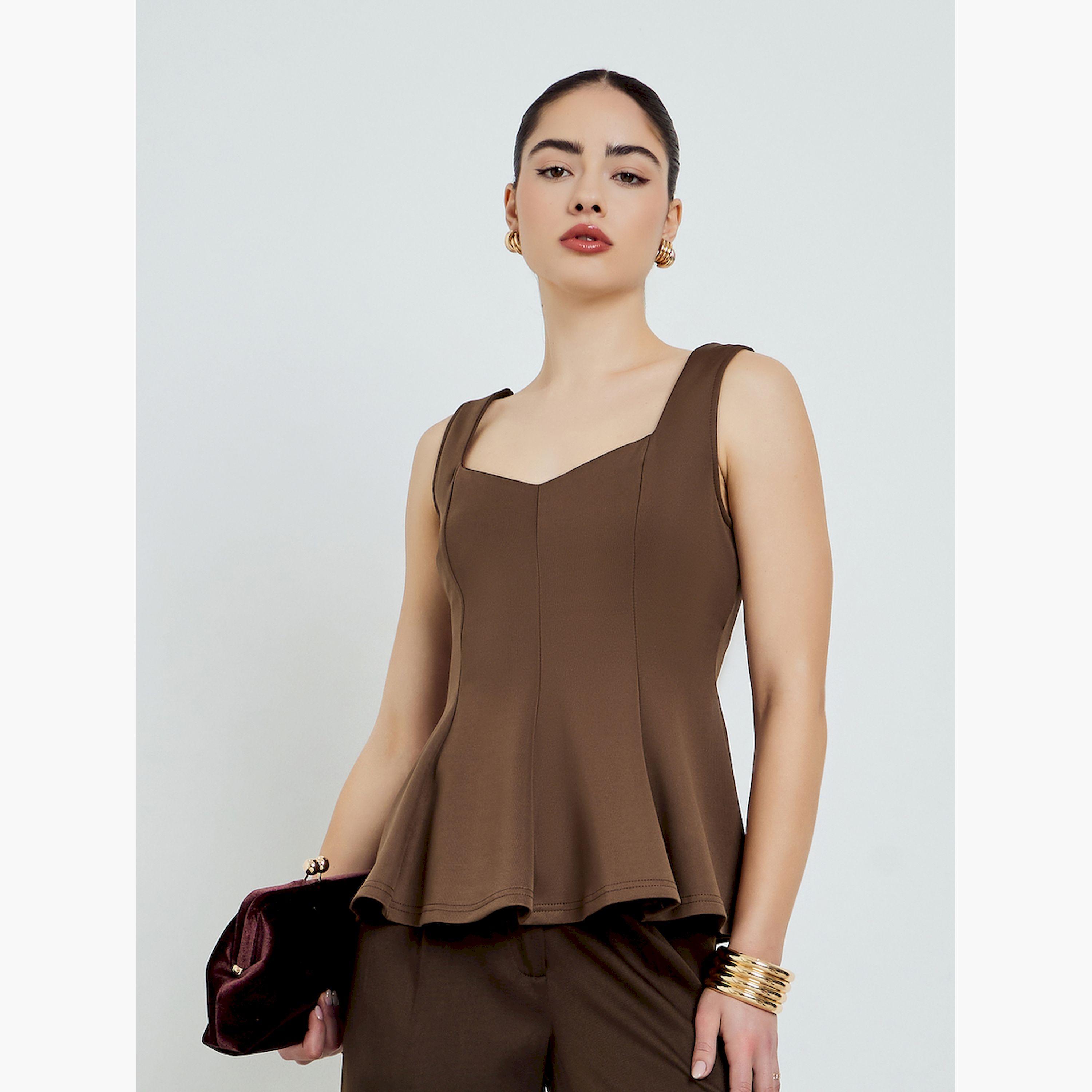 Styli Brown Wide Straps Pleated Peplum Top-women-clothing-shirtsandblouses-blouses-image-3