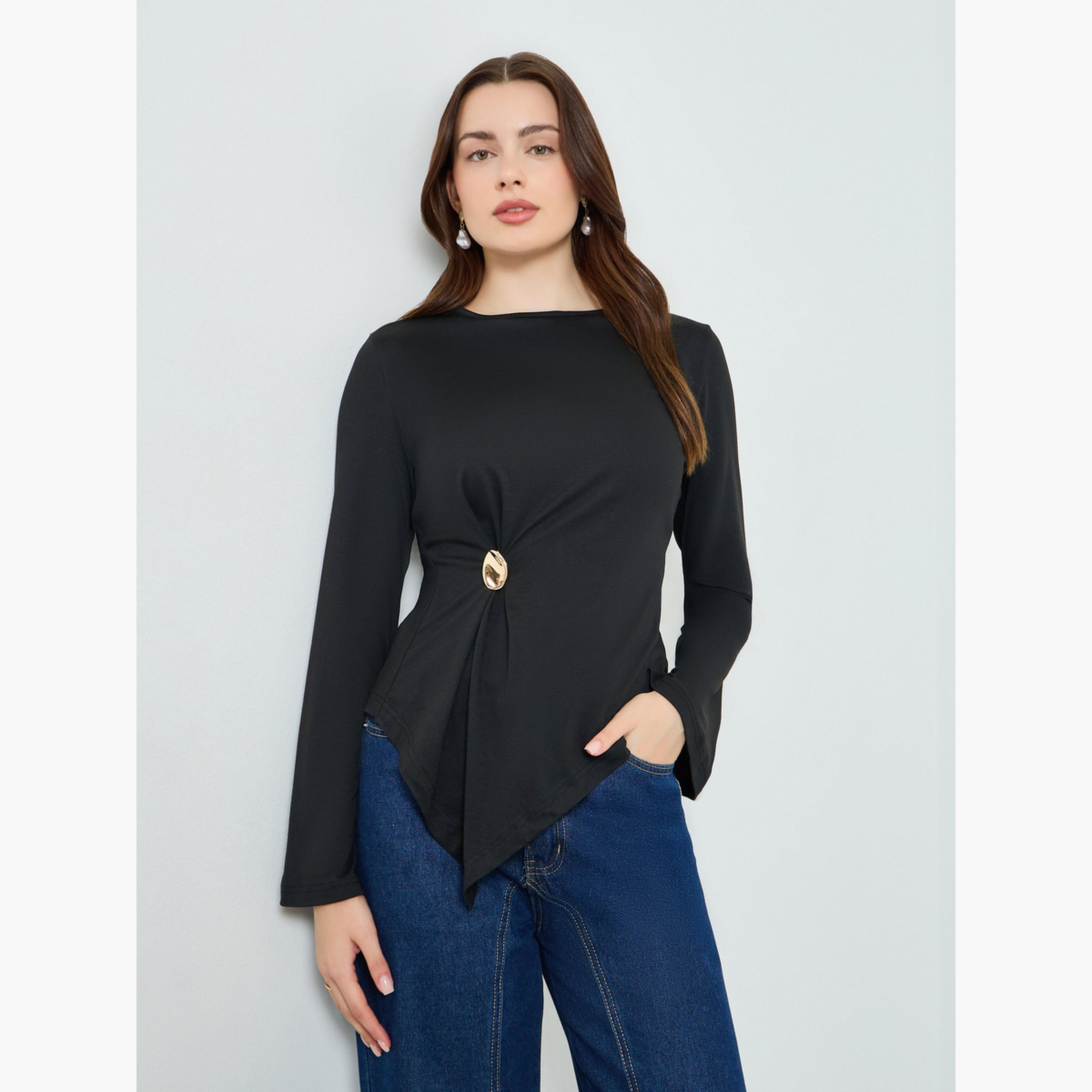بلوزة لف بتفاصيل أزرار لون أسود-women-clothing-shirtsandblouses-blouses-image-1