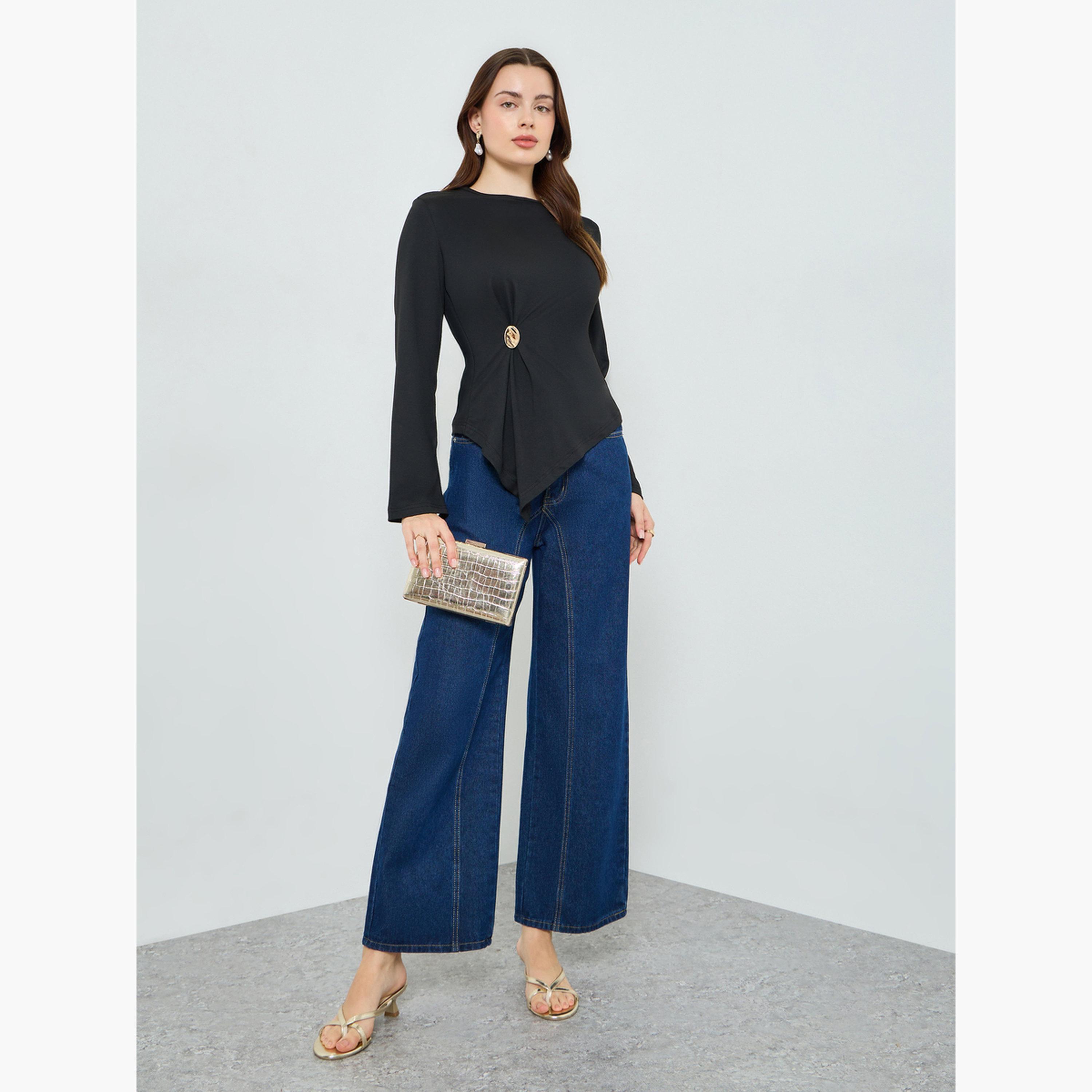 Styli Women Black Button Detail Wrap Top-women-clothing-shirtsandblouses-blouses-image-2