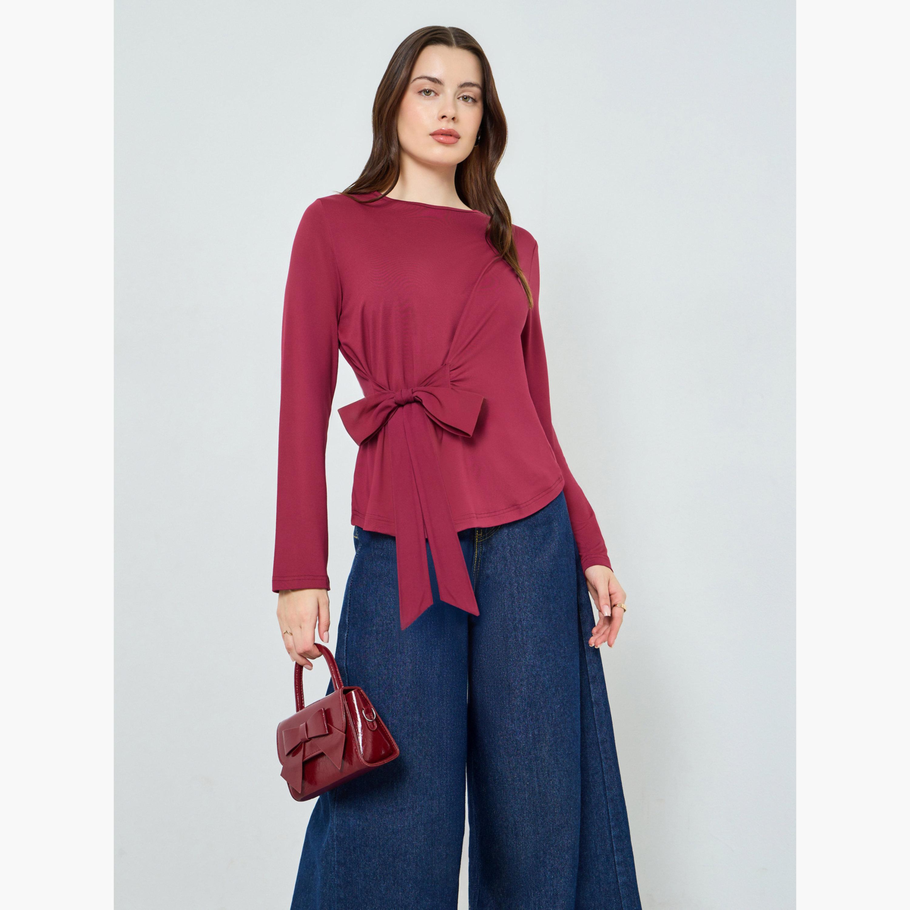 بلوزة لف برباط وأكمام طويلة-women-clothing-shirtsandblouses-blouses-image-1